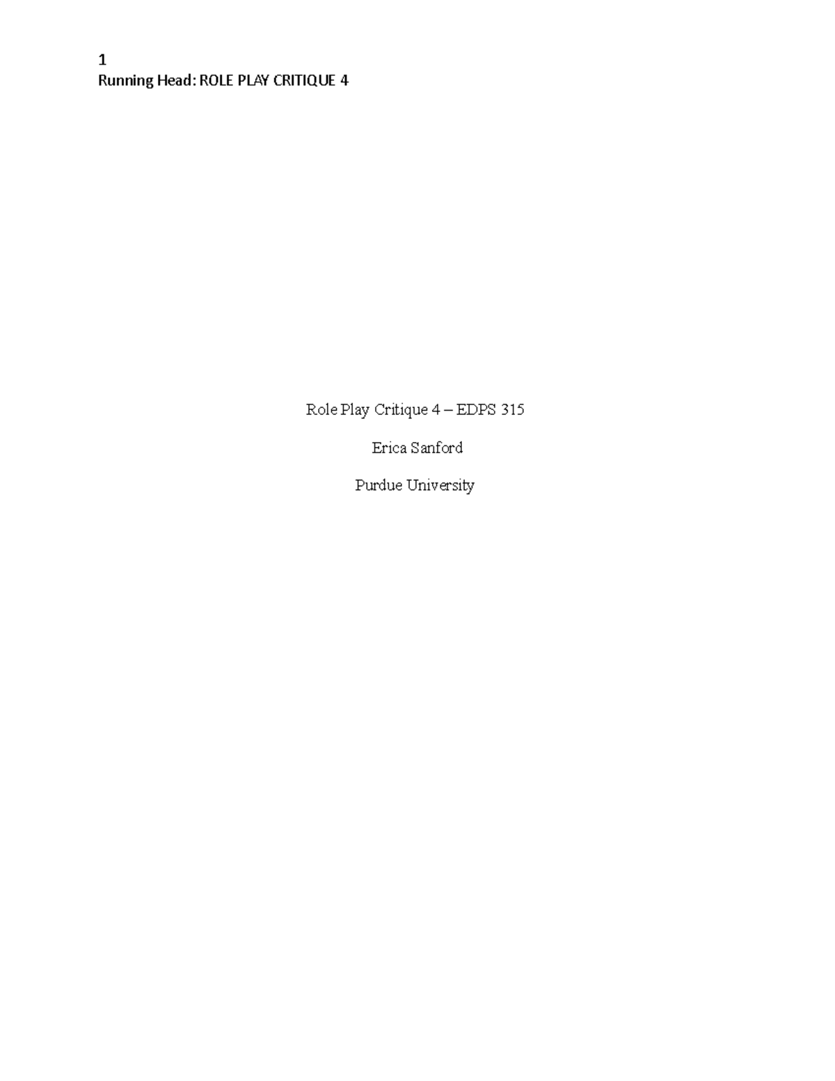 Role Play Critique 4 - reflection paper we had to write during the ...