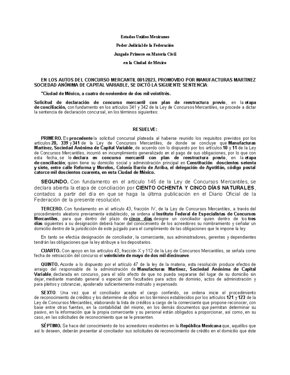 Sentencia Concurso Mercantil FER - Estados Unidos Mexicanos Poder