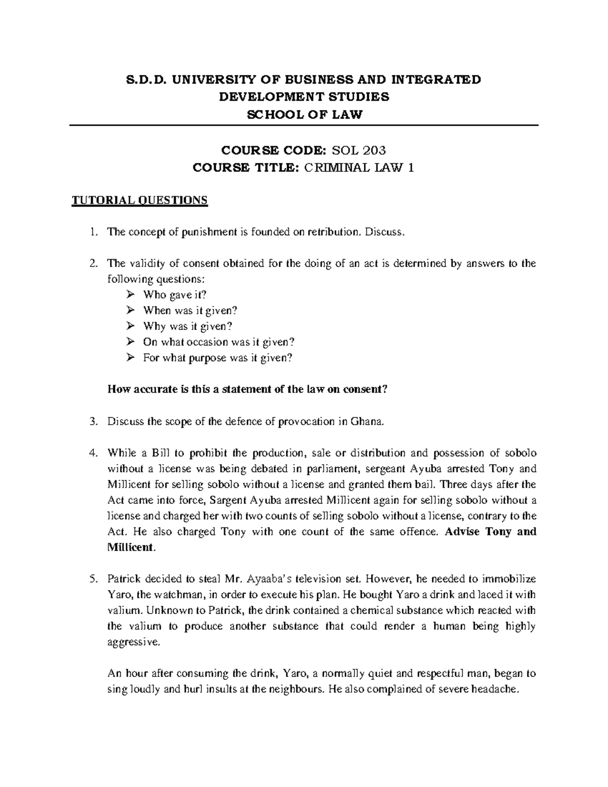 Criminal Law Tutorial Questions S D University Of Business And