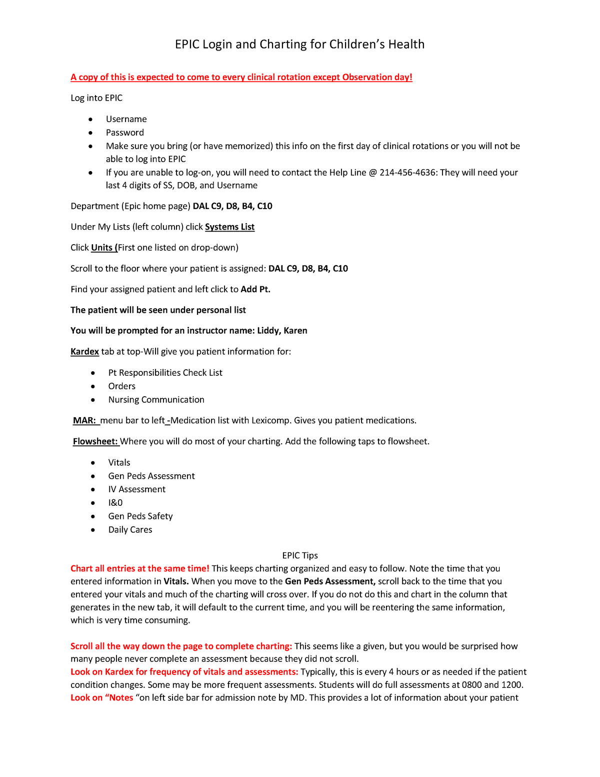 EPIC Charting Help Sheet Spring 2022 EPIC Login and Charting for