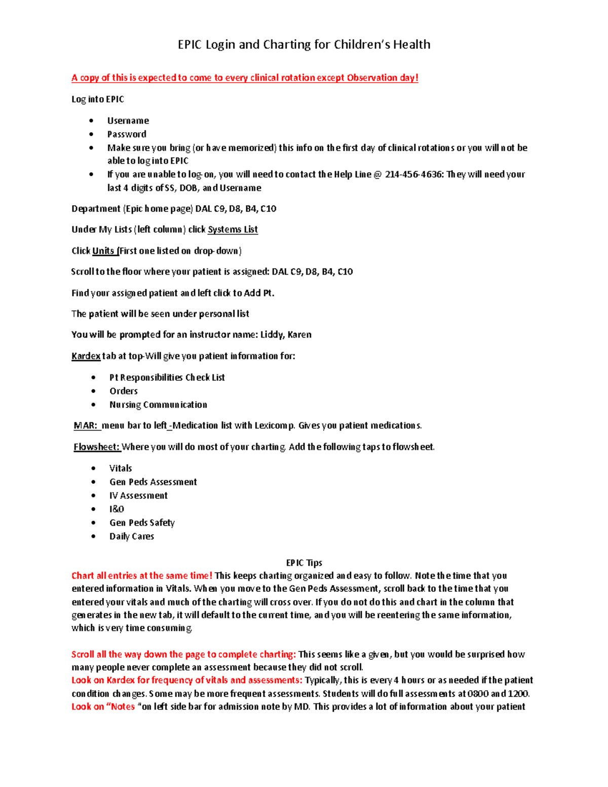 EPIC Charting Help Sheet Spring 2022 EPIC Login And Charting For 