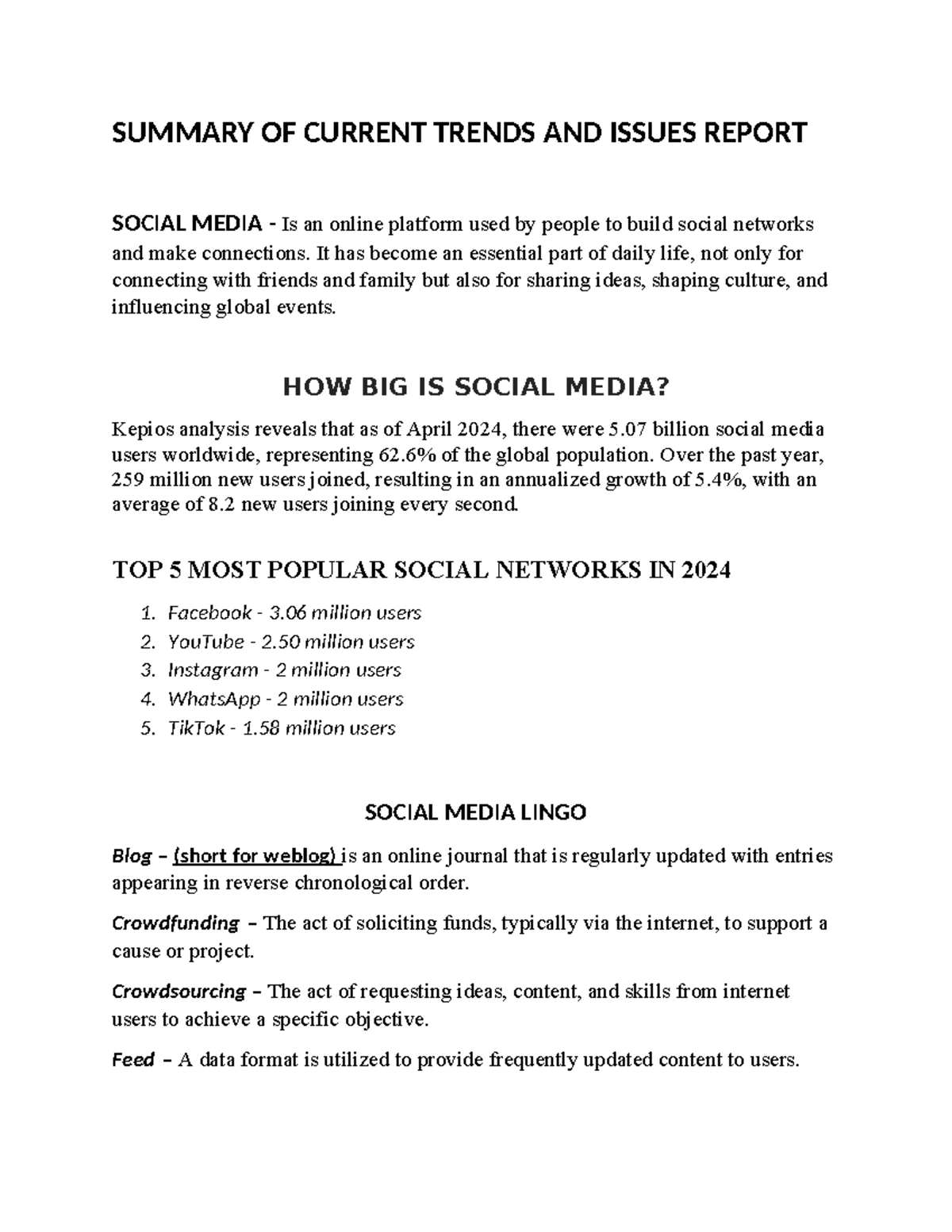 Summary Current Trends - SUMMARY OF CURRENT TRENDS AND ISSUES REPORT ...