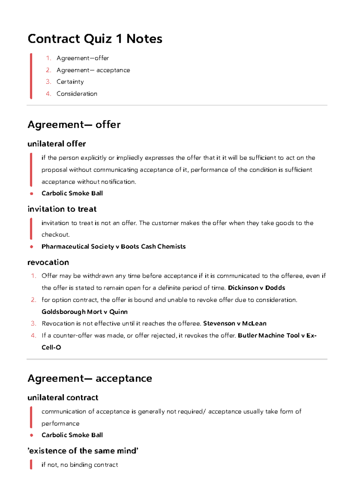 Contract Quiz 1 Notes Contract Quiz 1 Notes 1 Agreement Offer 2 Agreement Acceptance 3 Contract Quiz 1 Notes Contract Quiz 1 Notes 1 Agreement Offer 2 Agreement Acceptance 3