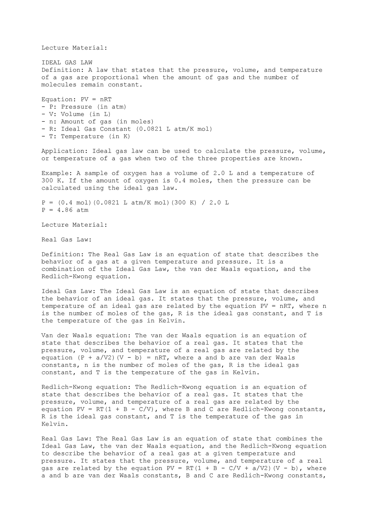 ME3410 2 Notes Compilation 2022 Lecture Material IDEAL GAS LAW 