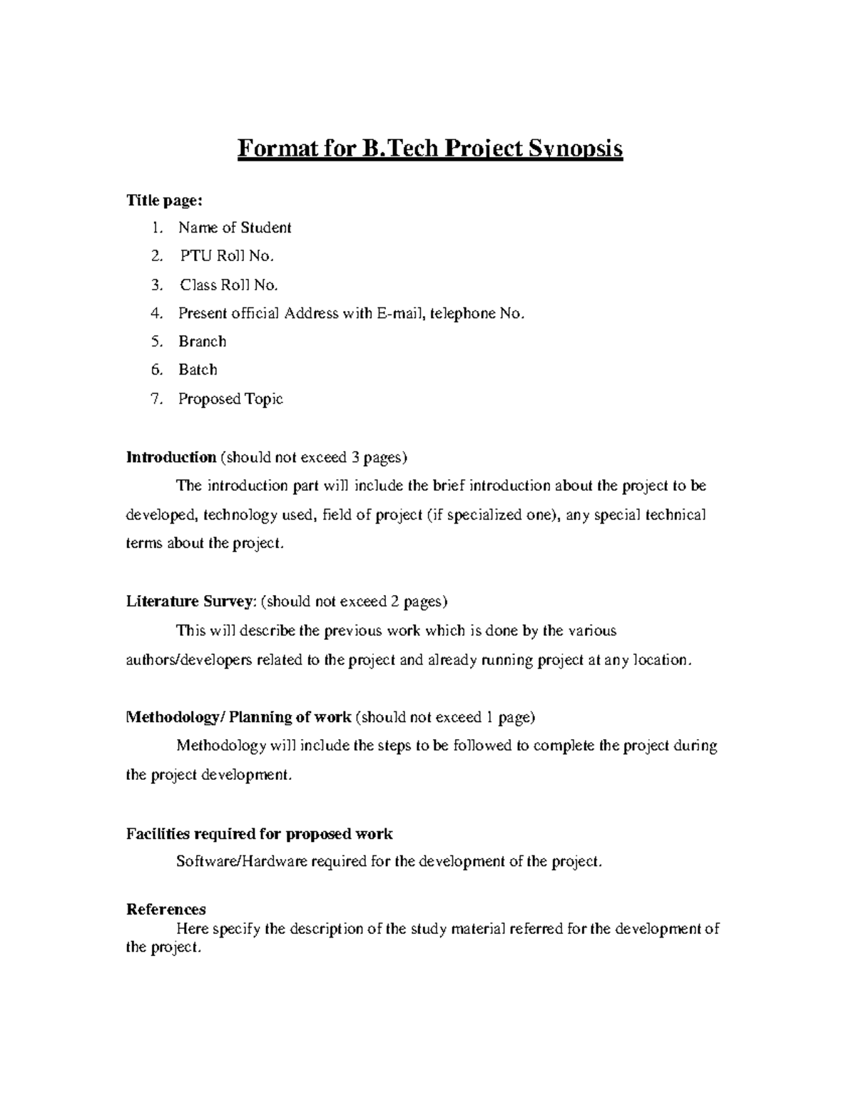 Synopsis Format For Project Format For B Project Synopsis Title Page 