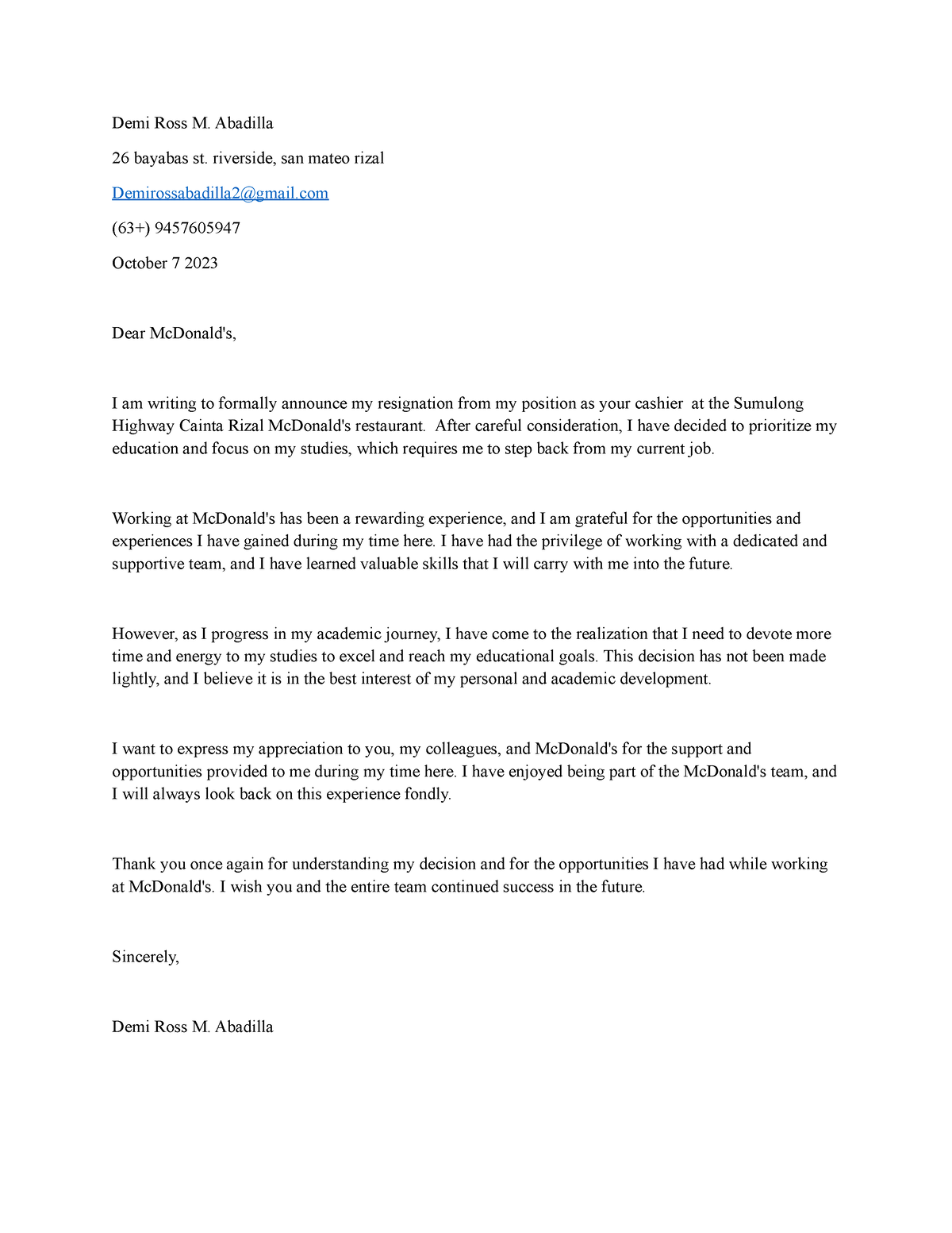 Demi resignation letter - Demi Ross M. Abadilla 26 bayabas st ...