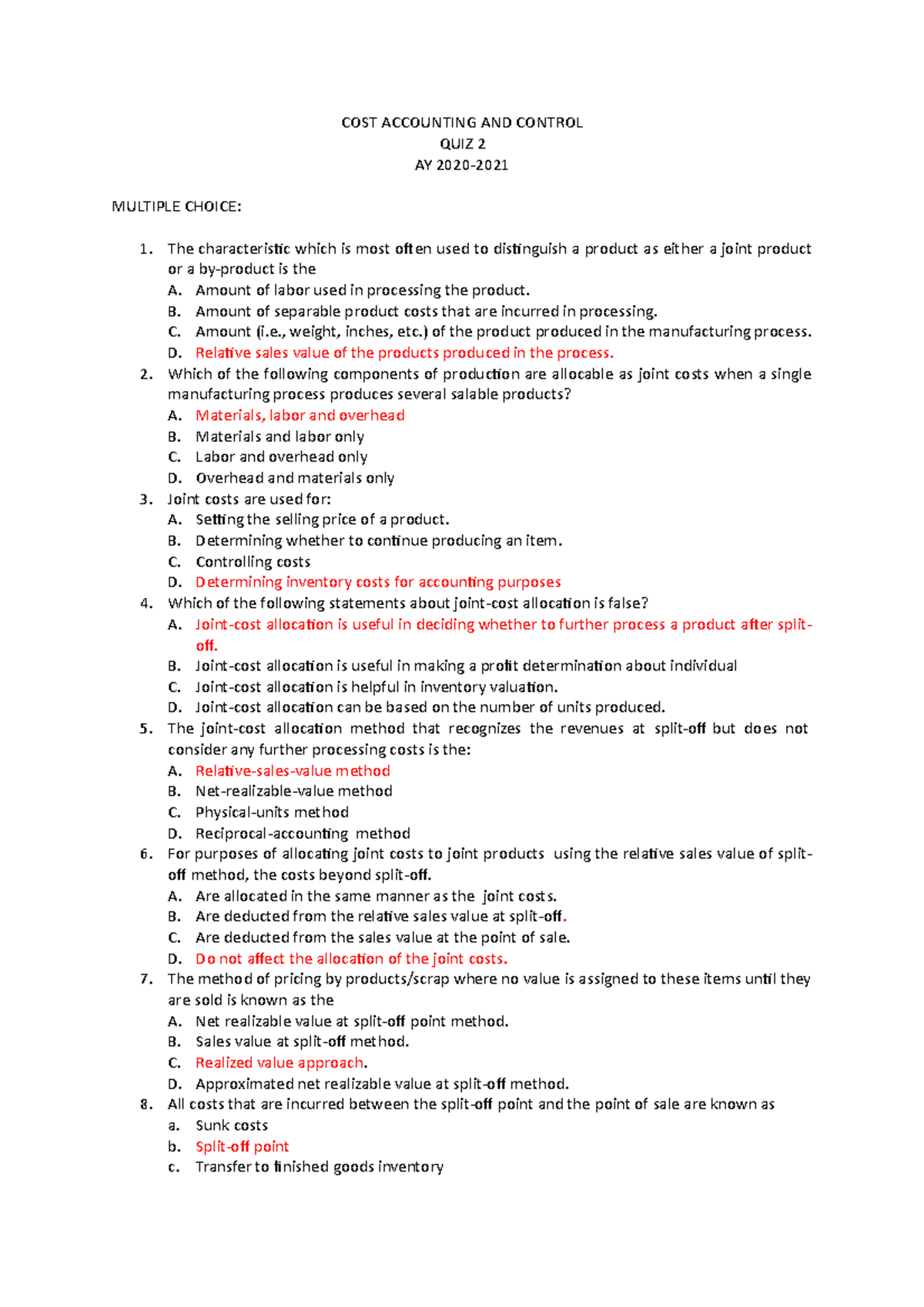 Final QUIZ 2 COST Accounting AND Control - COST ACCOUNTING AND CONTROL ...