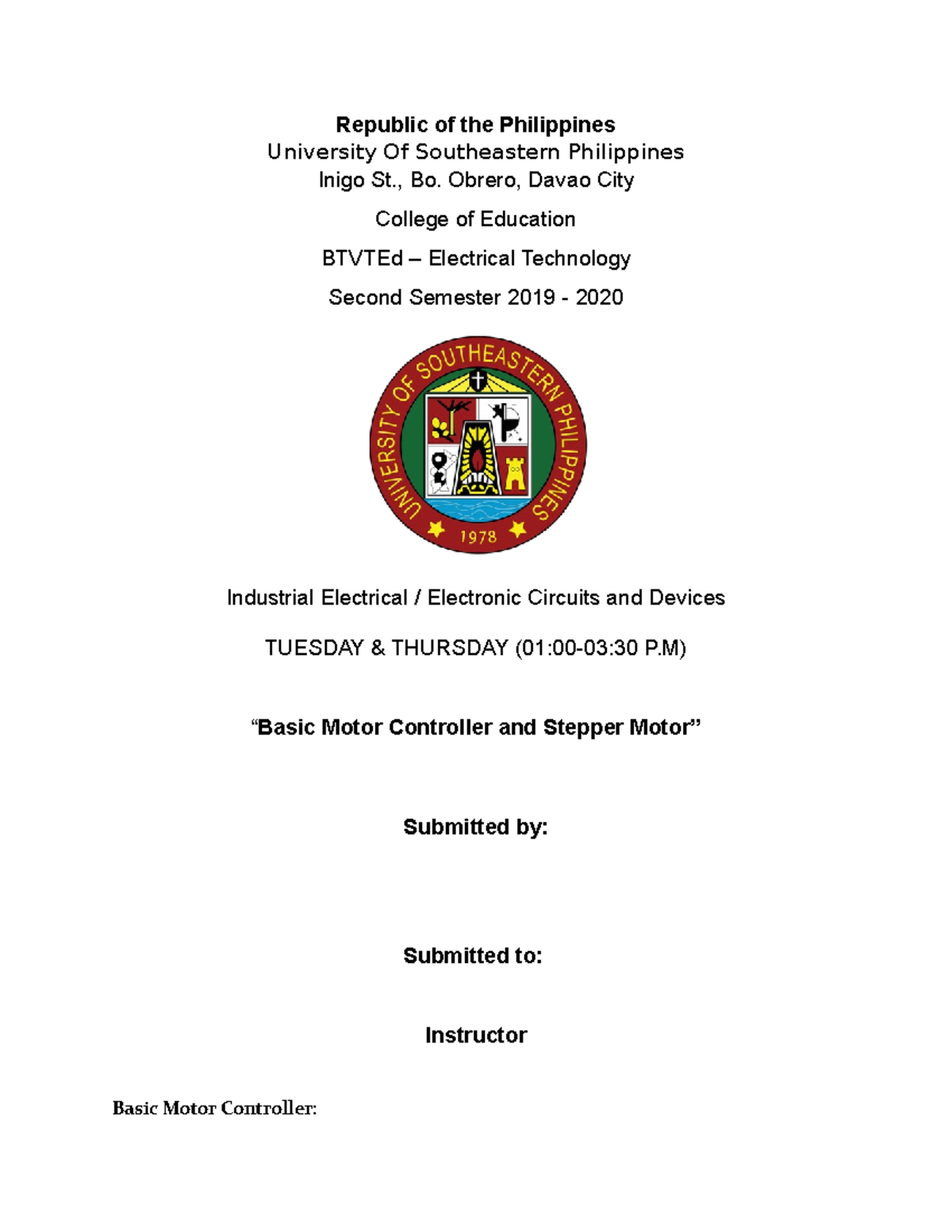 Basic Motor Controller and Stepper Motor written report - Republic of ...