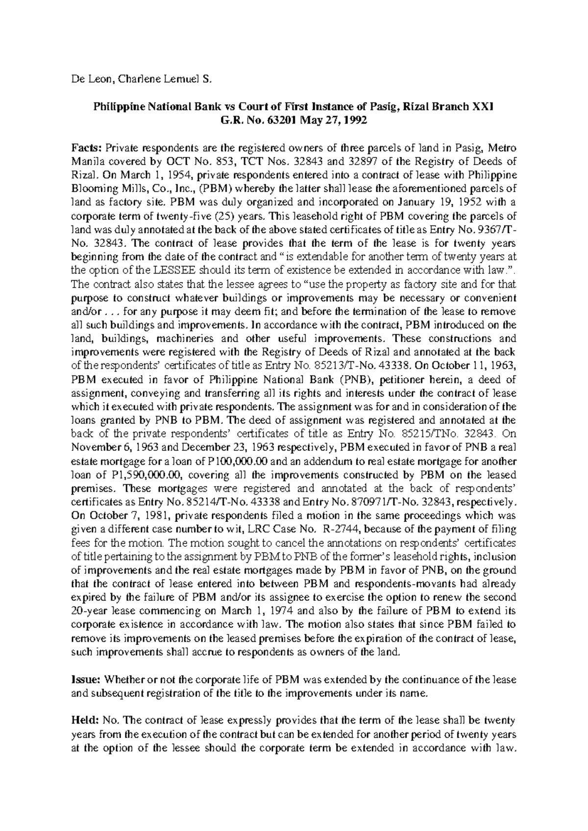 Philippine National Bank vs Court of First Instance of Pasig, Rizal