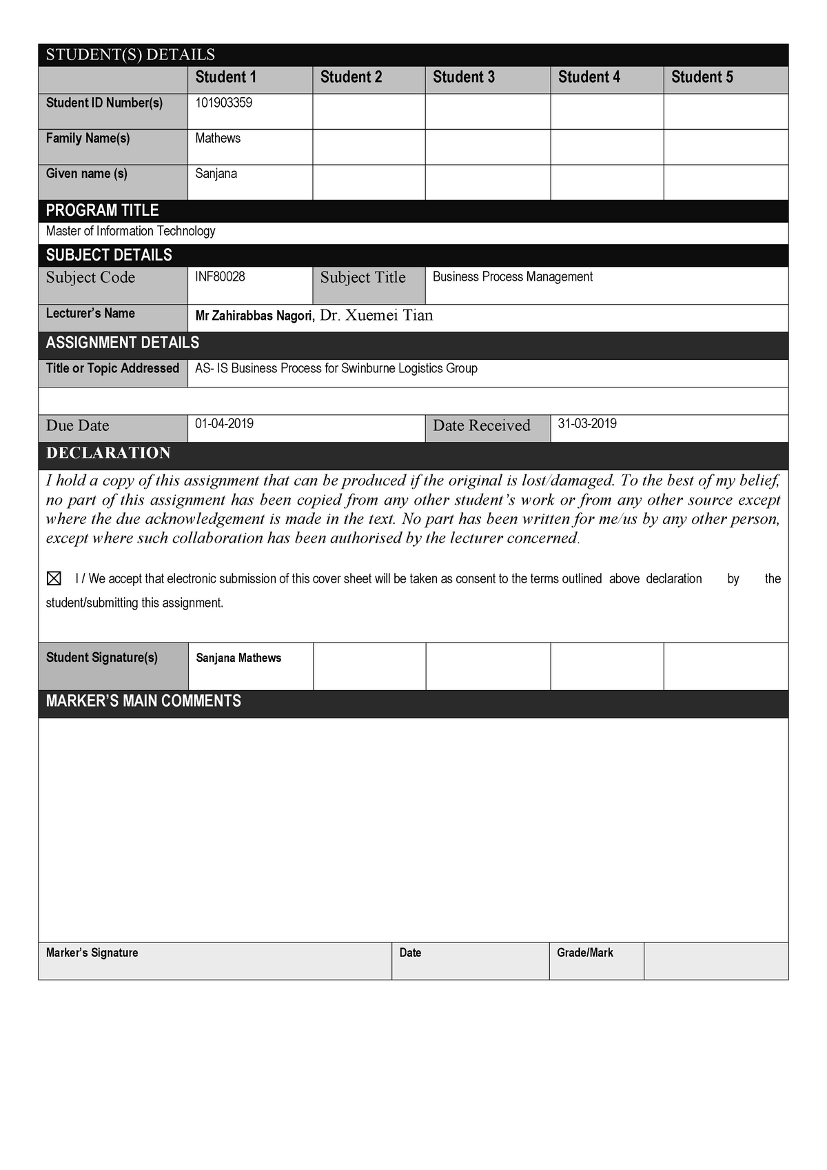 Assignment 1 - Solution - STUDENT(S) DETAILS BUSINESS PROCESS ...