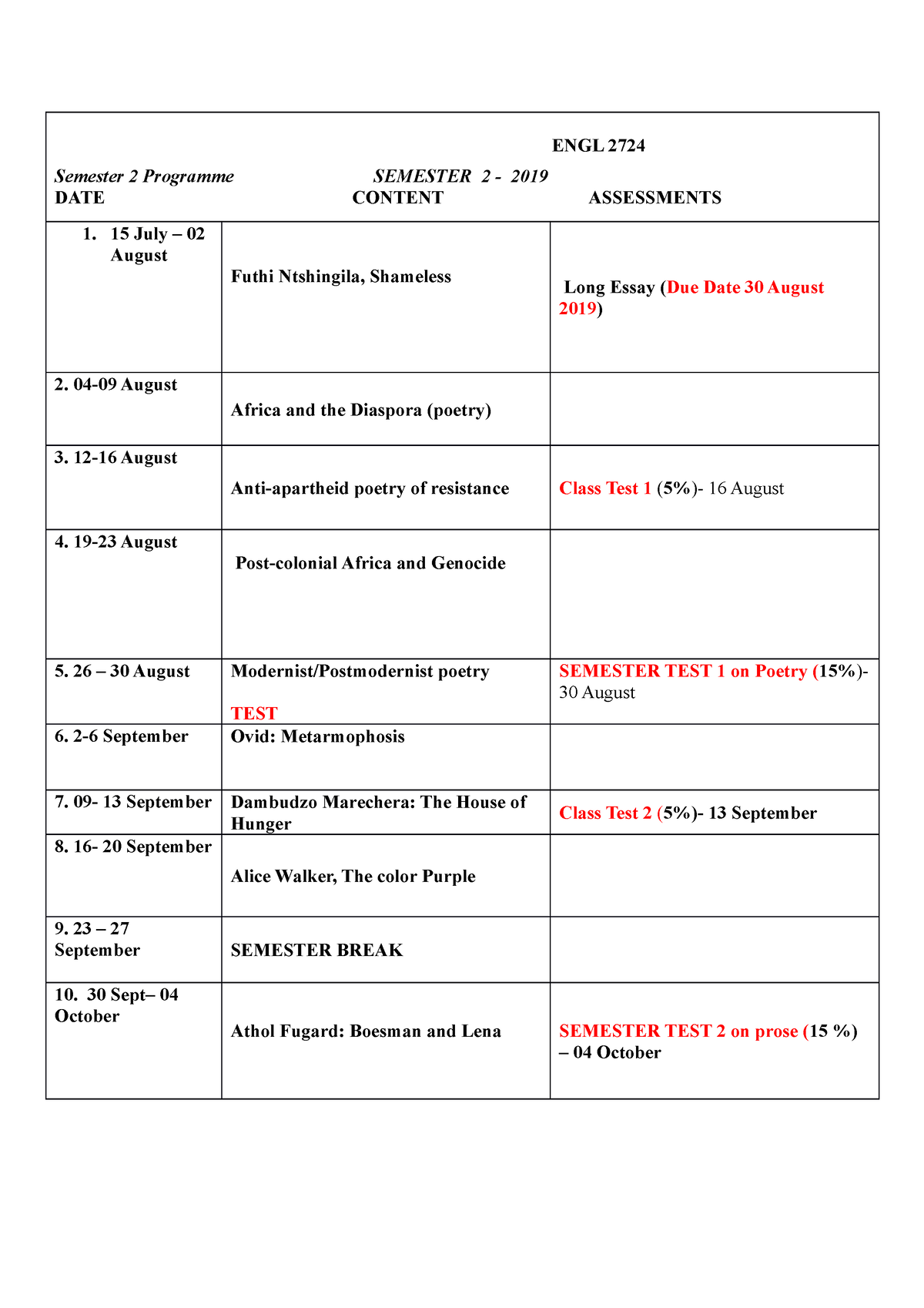 2019 Weekly Schedule ENGL2724 - ENGL 2724 Semester 2 Programme SEMESTER ...