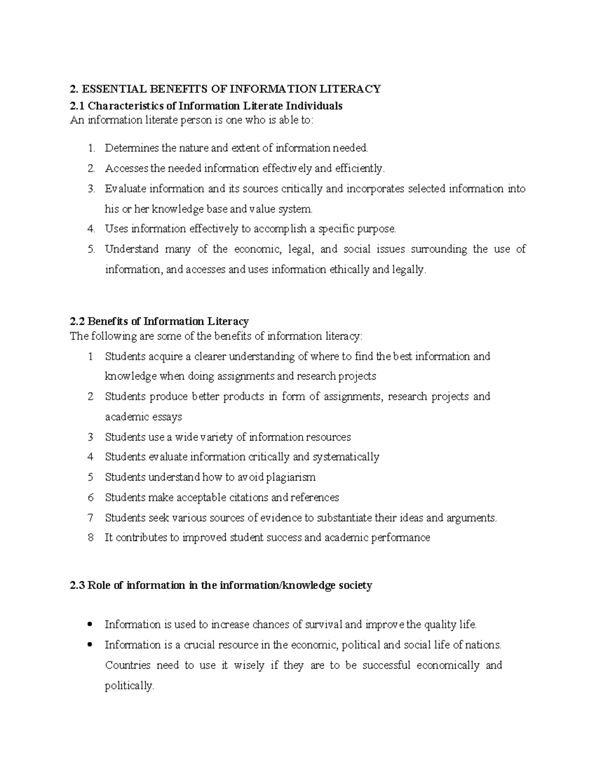 Topic 2 Essential Benefits of Information Literacy Notes - 2. ESSENTIAL ...