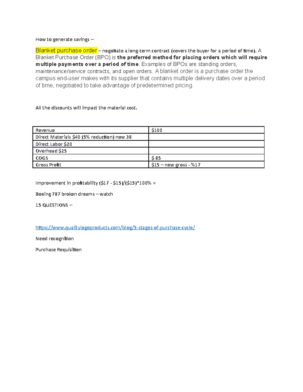 Class notes How to generate savings Blanket purchase order