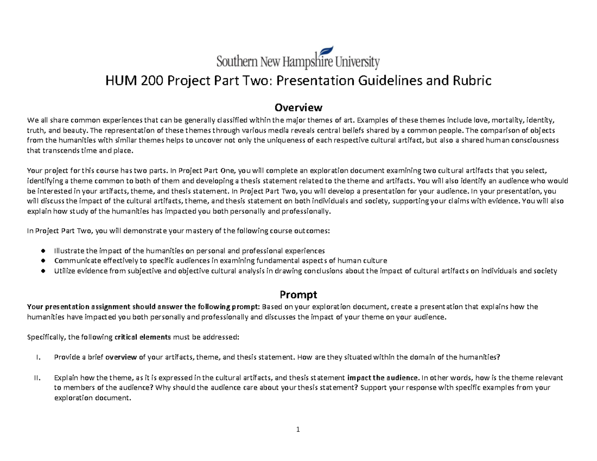 HUM 200 Project Part Two Presentation Guidelines and Rubric Examples