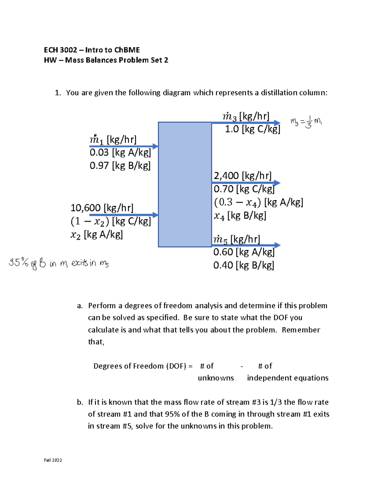HW5++Mass+Balances+Problem+Set+2 Fall 2022 ECH 3002 Intro to ChBME