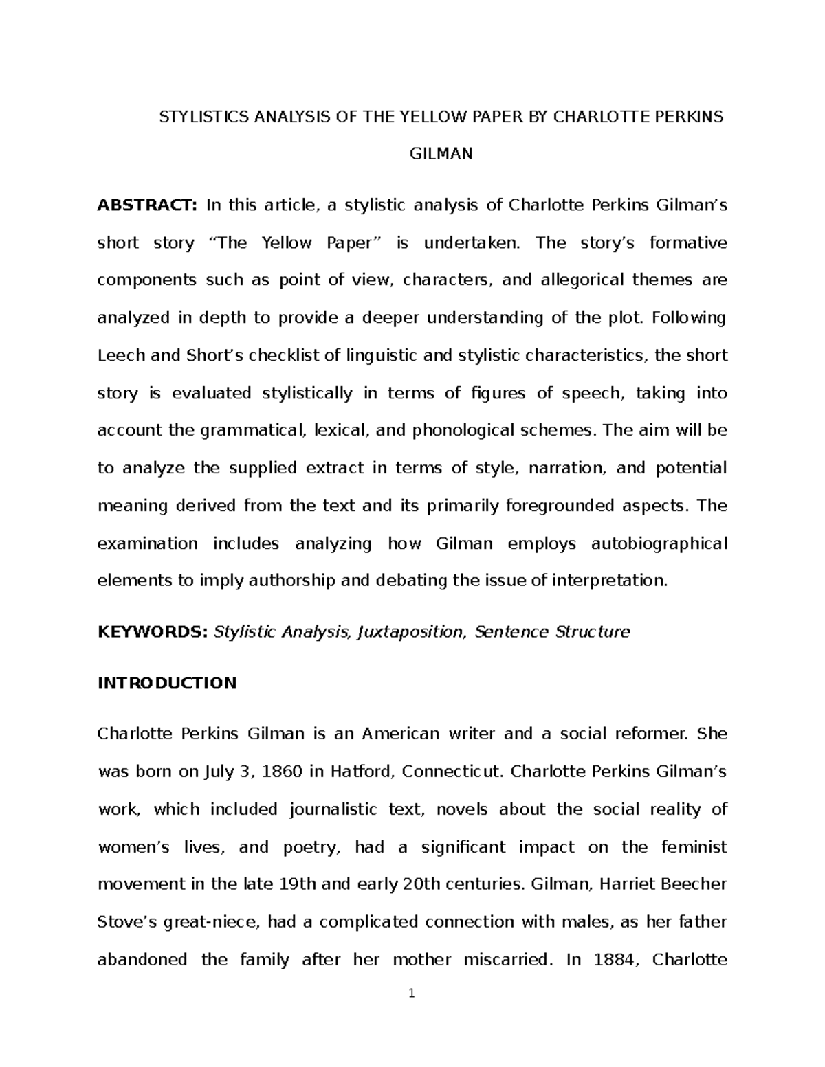 Stylistics Analysis OF THE Yellow Paper BY Charlotte Perkins Gilman