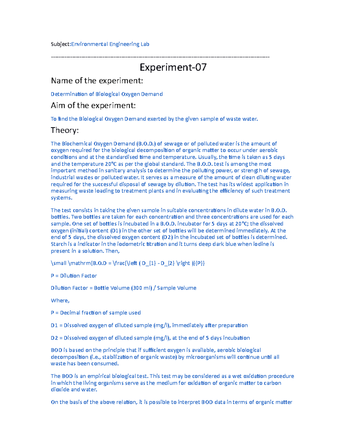 biological oxygen demand experiment pdf