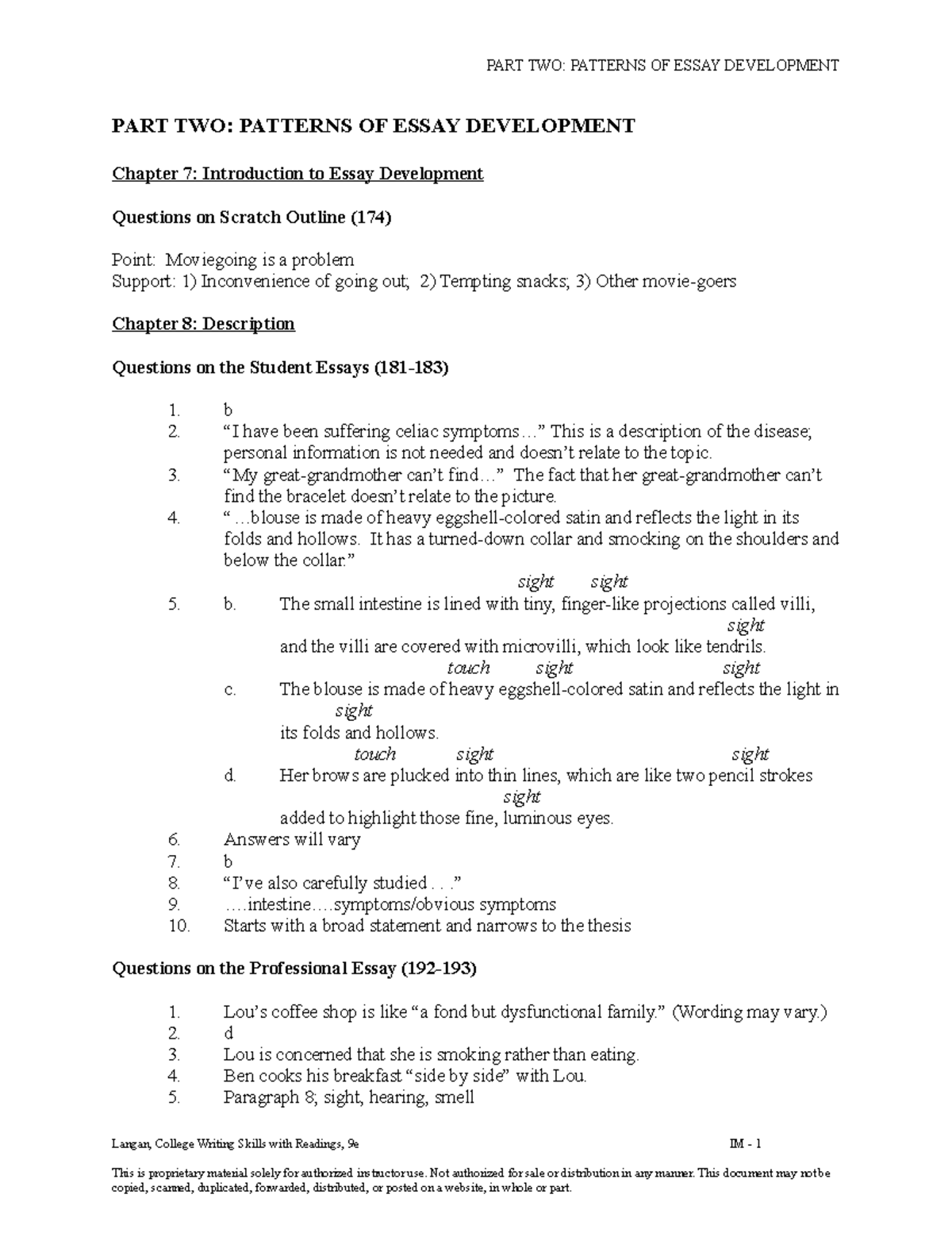 4 Answer Key Part Two 11111 PART TWO PATTERNS OF ESSAY DEVELOPMENT