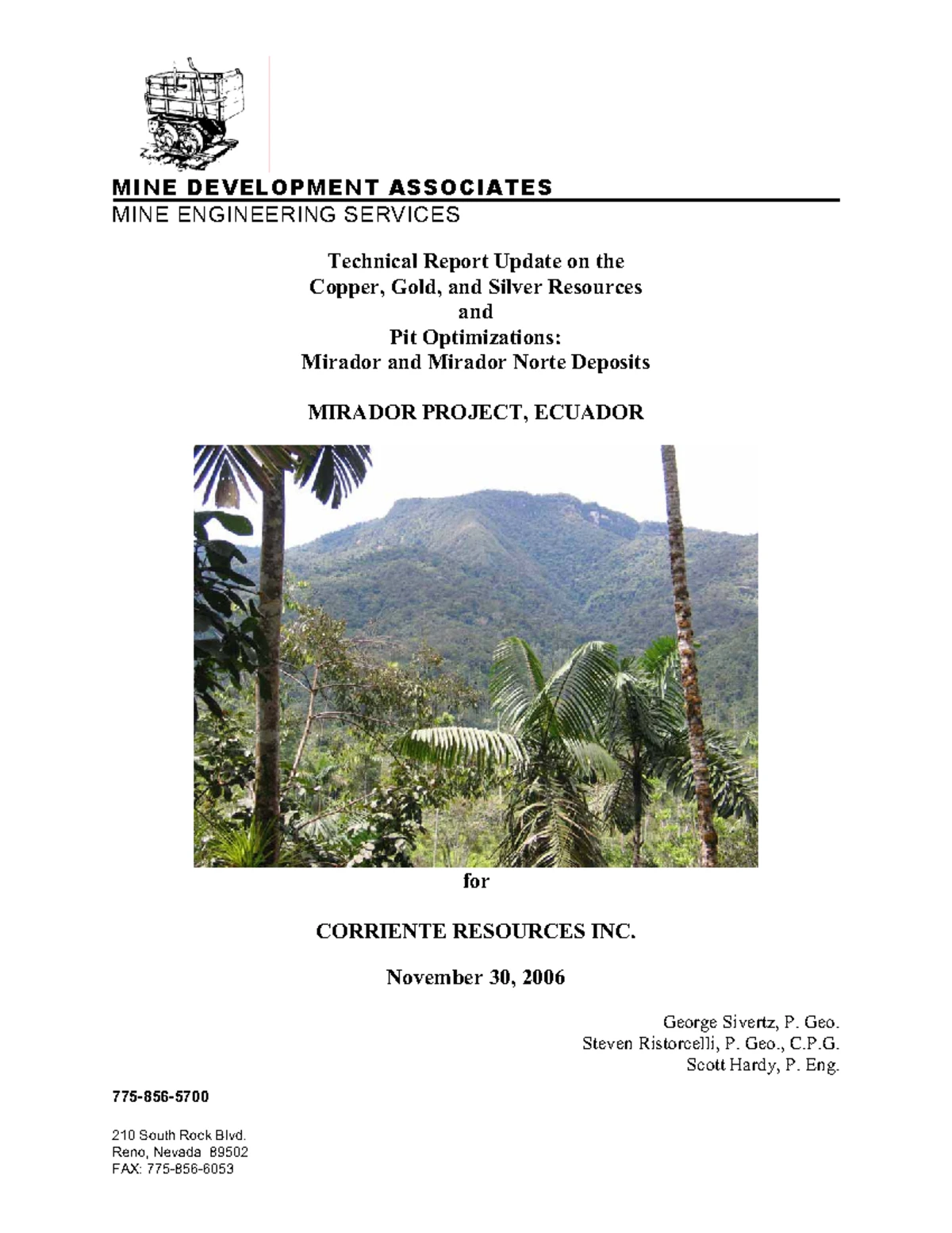 Technical report mayo 18 - MINE DEVELOPMENT ASSOCIATES MINE ENGINEERING ...
