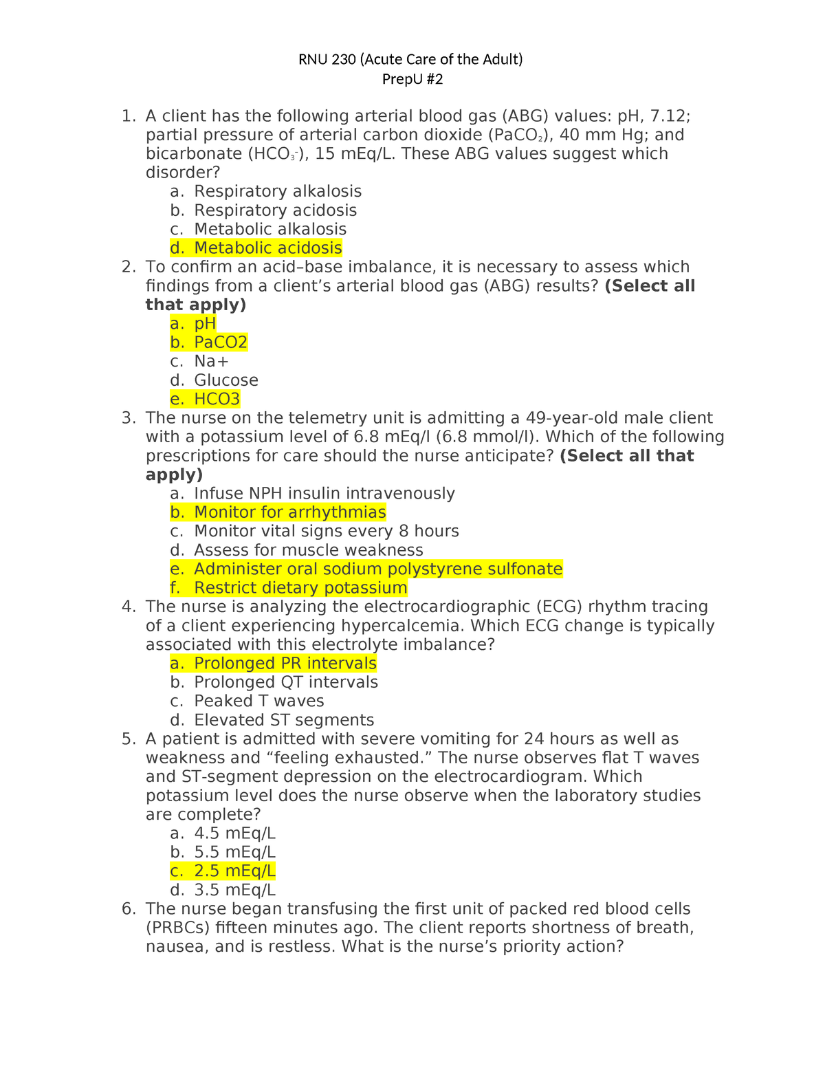 Prep U #2 Answers - RNU 230 (Acute Care Of The Adult) PrepU # A Client ...