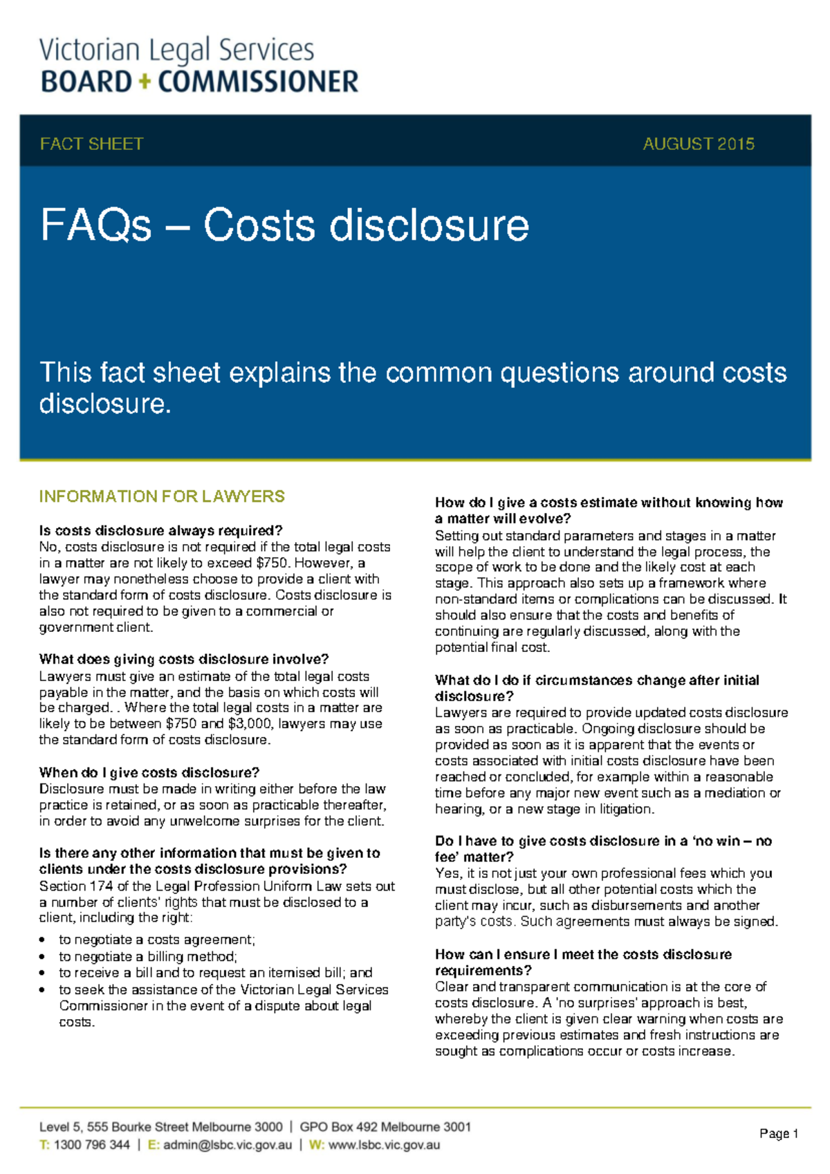 Fact sheetFAQs Costs disclosure2020 0 FACT SHEET AUGUST 2015 Page
