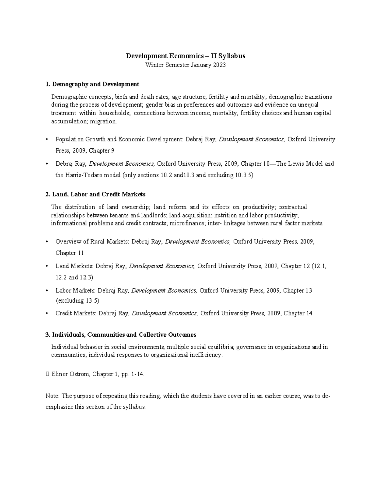 Syllabus DE - II January 2023 - Development Economics – II Syllabus ...