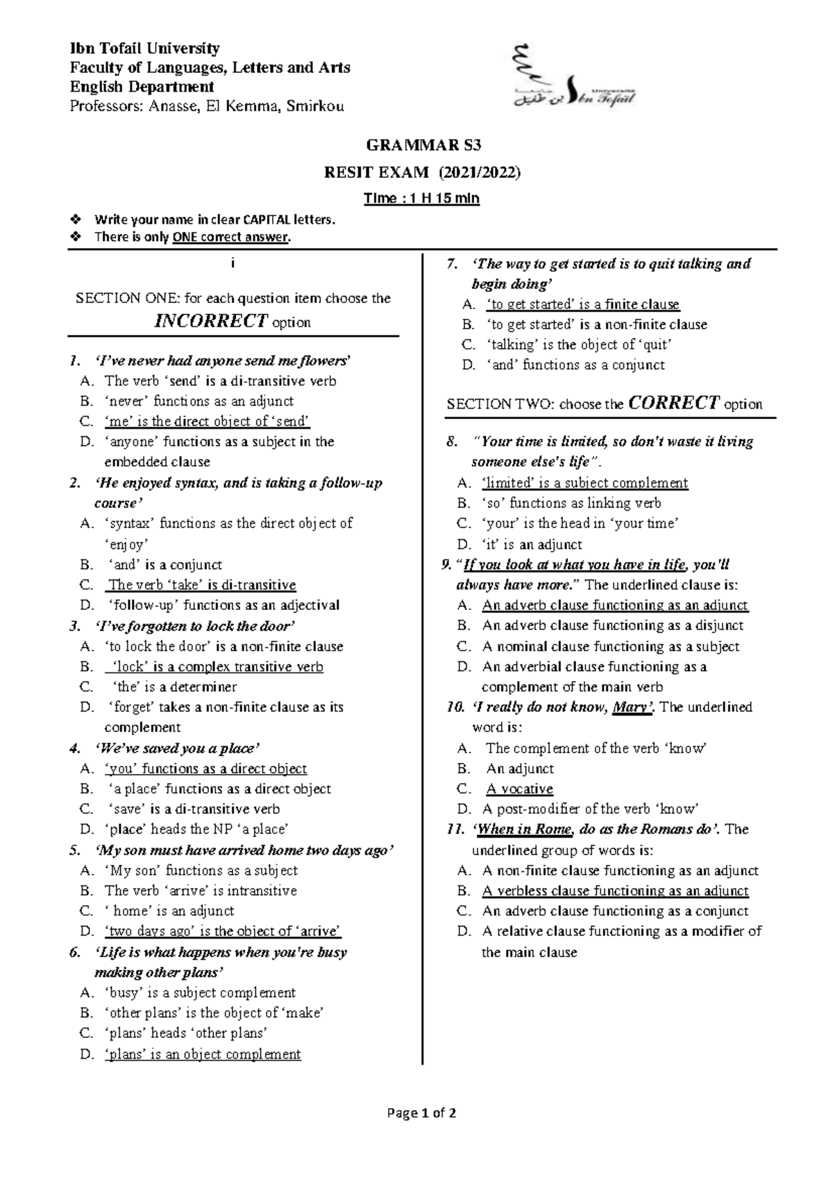 Grammar 3 Resit EXAM final - Ibn Tofail University Faculty of Languages ...