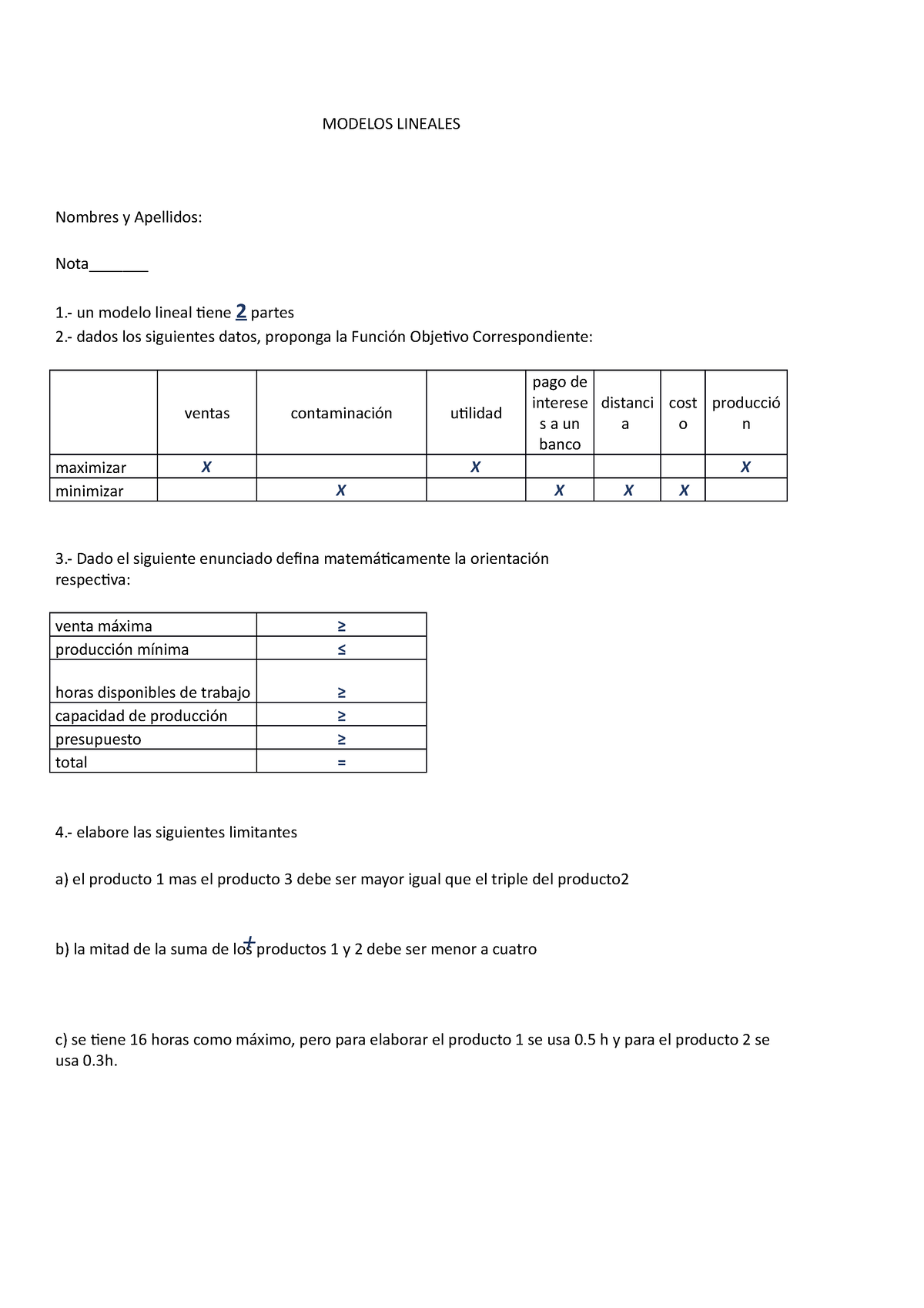 Modelos Lineales Practica Calificada - MODELOS LINEALES Nombres y  Apellidos: Nota_______  un - Studocu