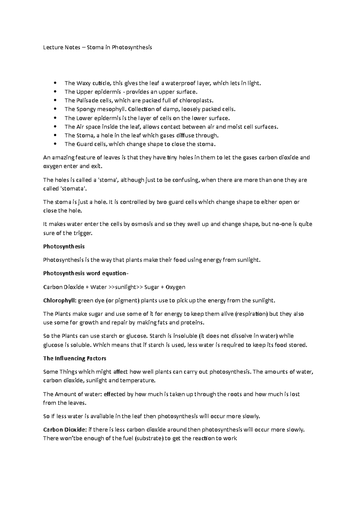 Lecture Notes - Structure of photosynthesis - Lecture Notes – Stoma in ...
