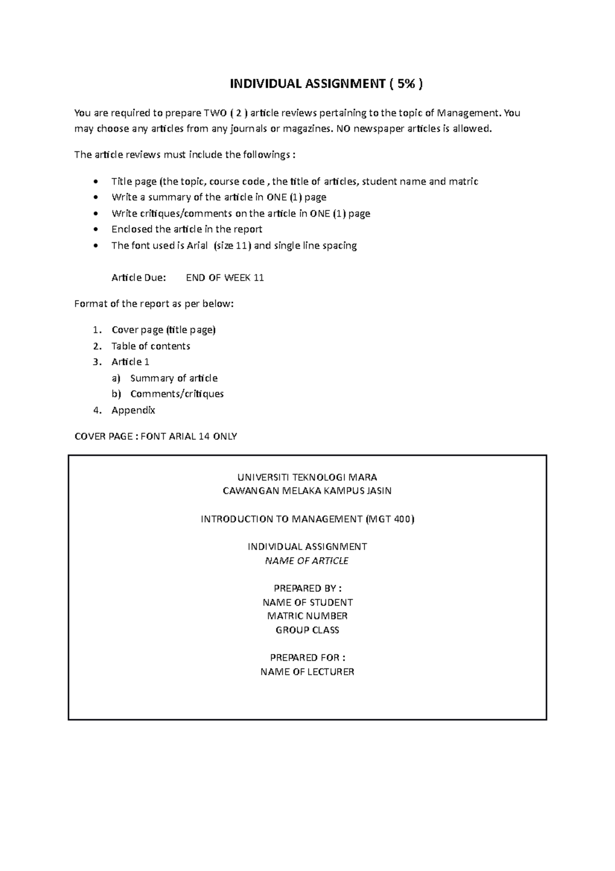 Individual Assignment For Every Student - INDIVIDUAL ASSIGNMENT ( 5% ...