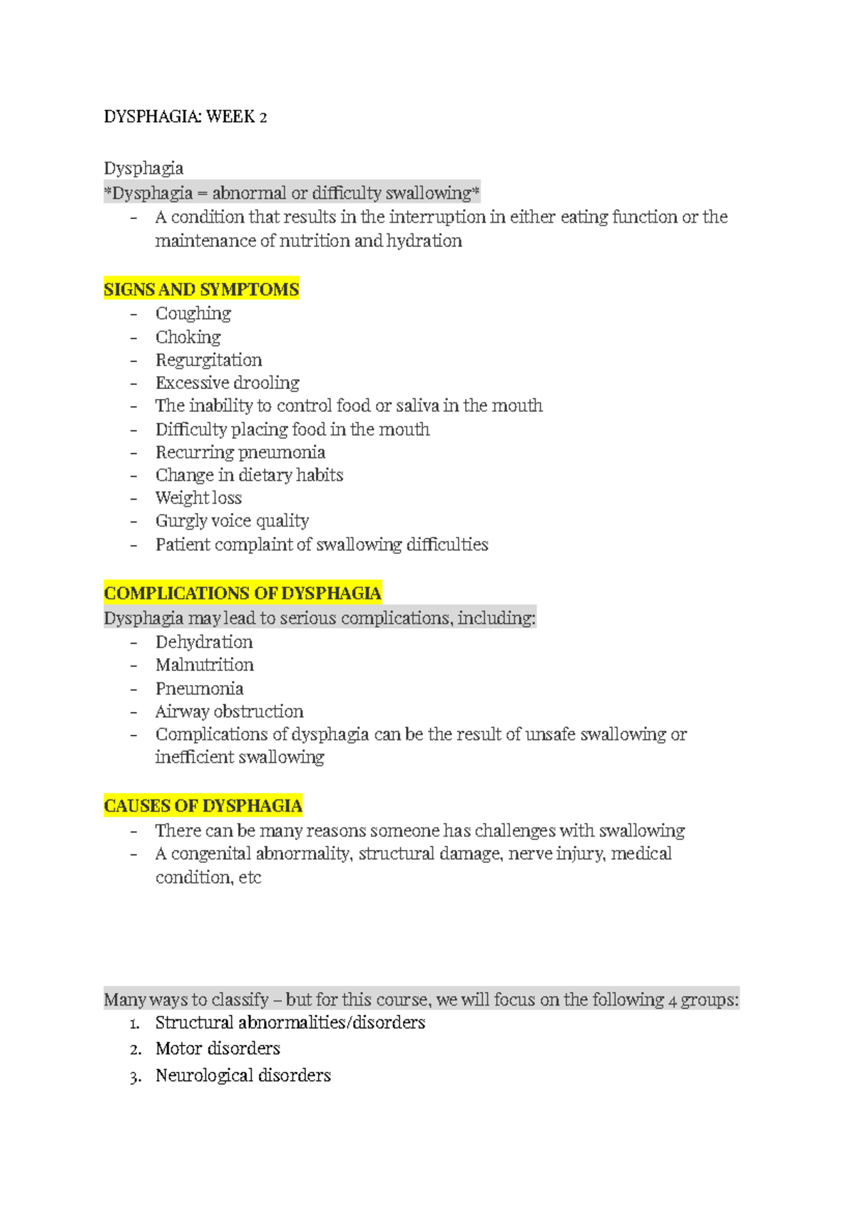 Communication Disorders notes - DYSPHAGIA: WEEK 2 Dysphagia Dysphagia ...