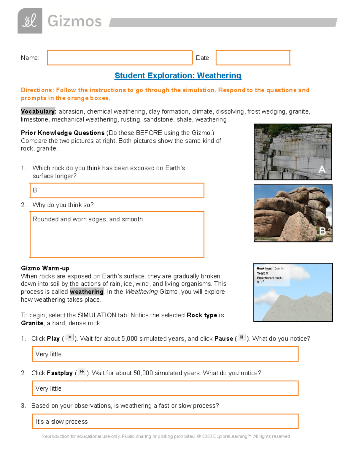 Gizmo Weathering Student Exploration Work Name Date Student 