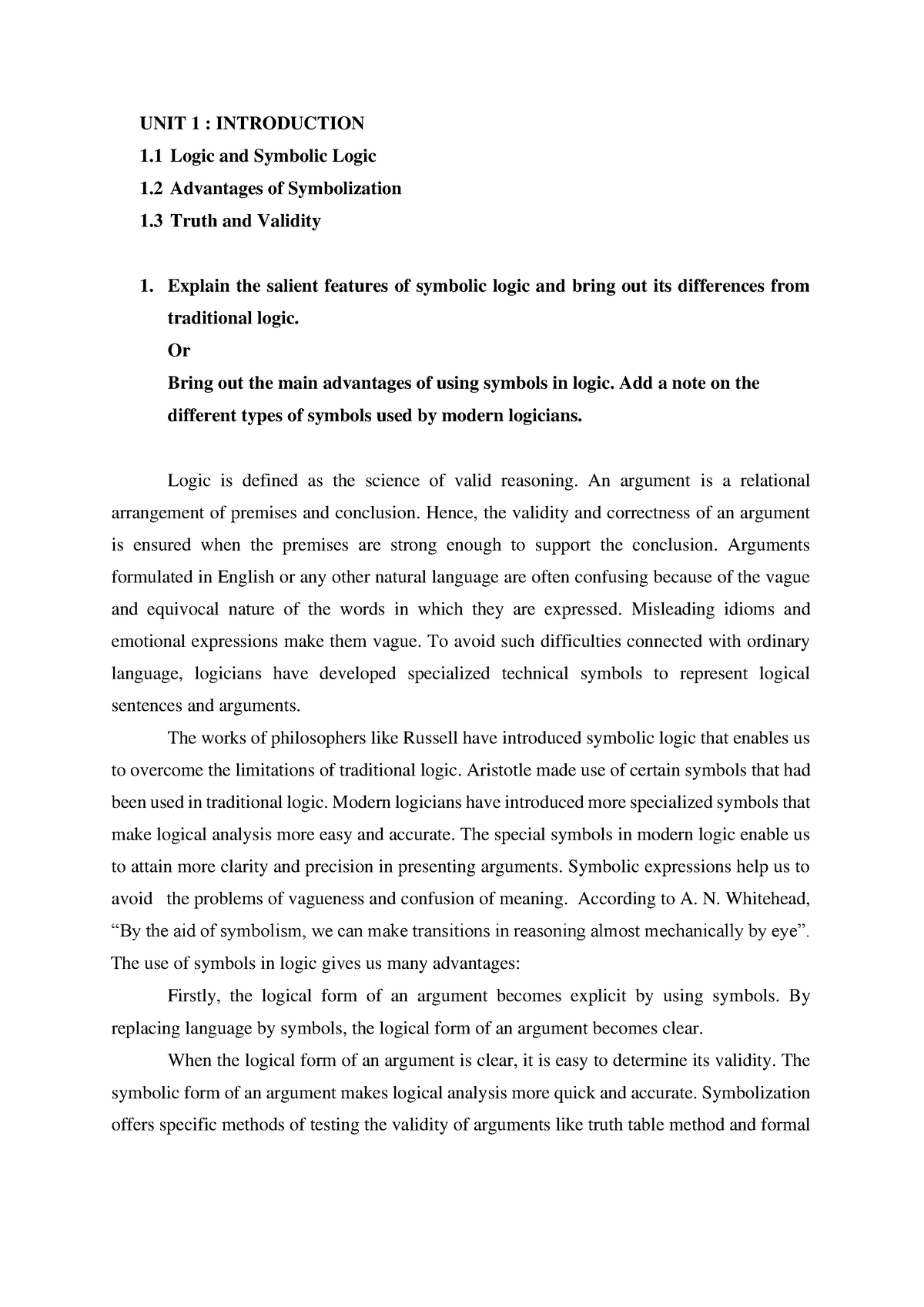 Symbolic Logic - Unit 1 - UNIT 1 : INTRODUCTION 1 Logic And Symbolic ...