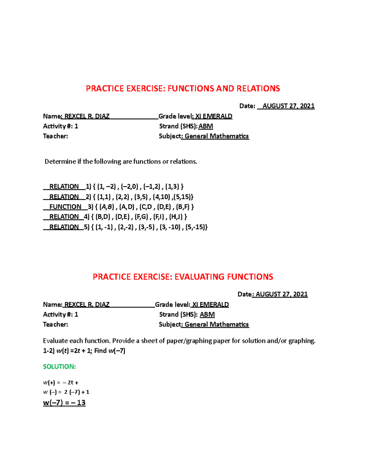 GEN. MATH Answer - Lecture notes 11 - PRACTICE EXERCISE: FUNCTIONS AND ...