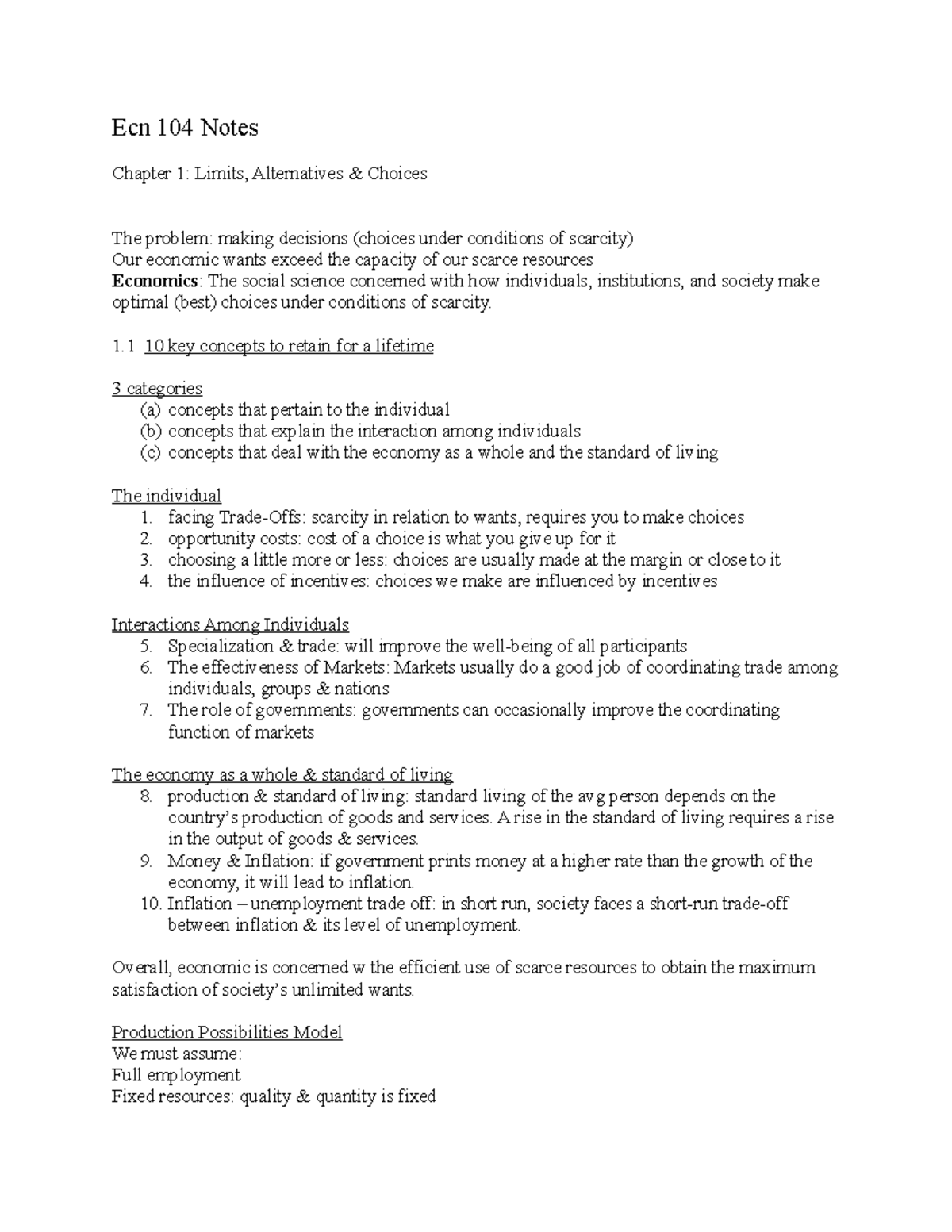 Ecn 104 Midterm 1 Notes - Ecn 104 Notes Chapter 1: Limits, Alternatives ...