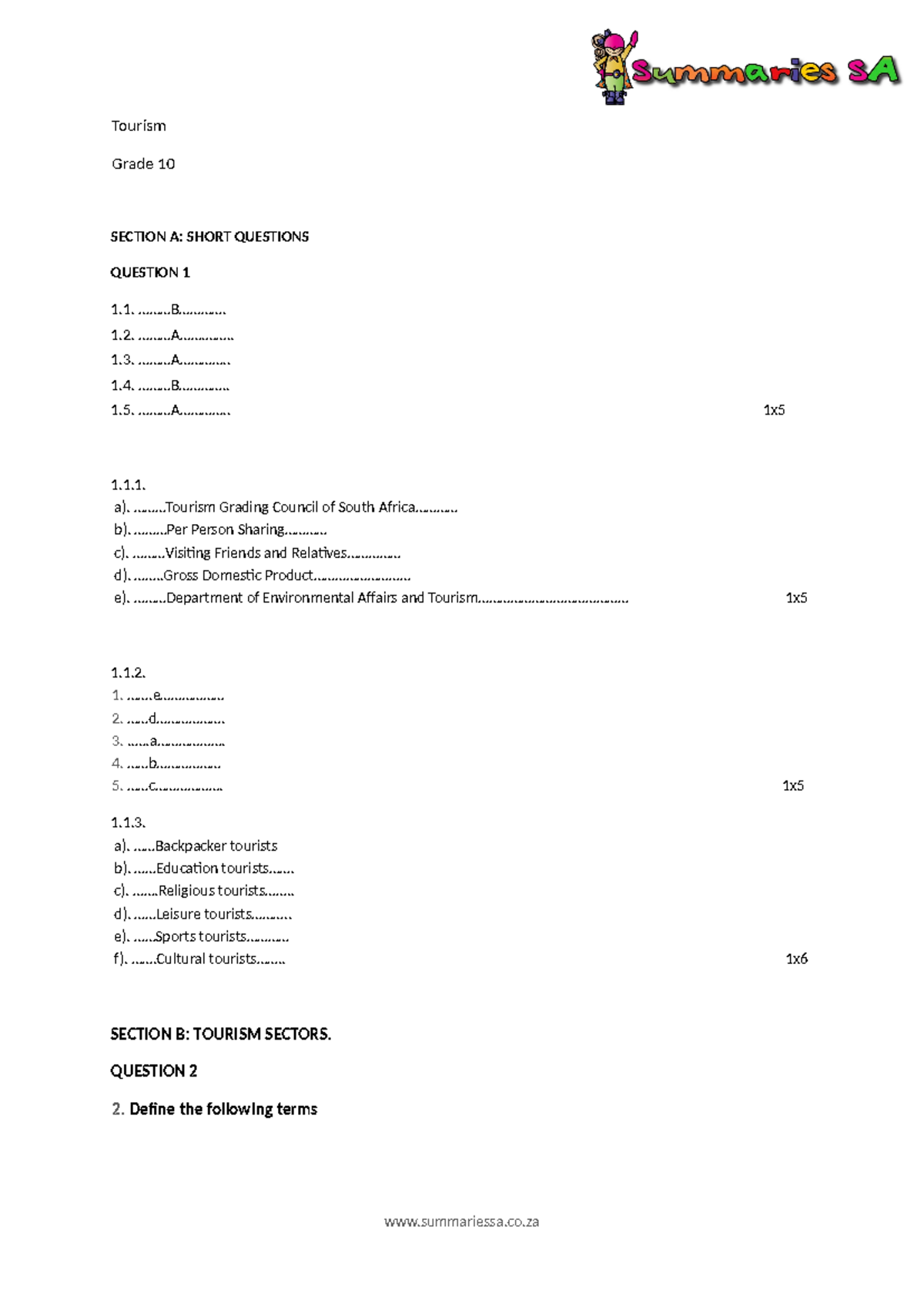 tourism grade 10 2006 memo