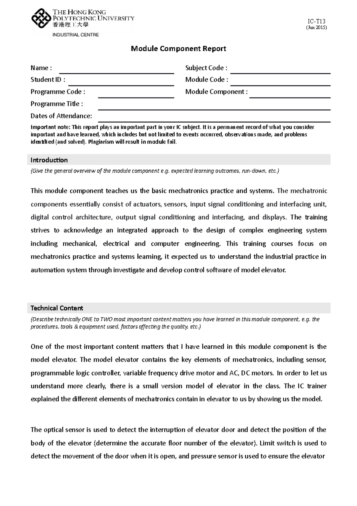 IC Report - Module Component Report Name : Subject Code : Student ID ...