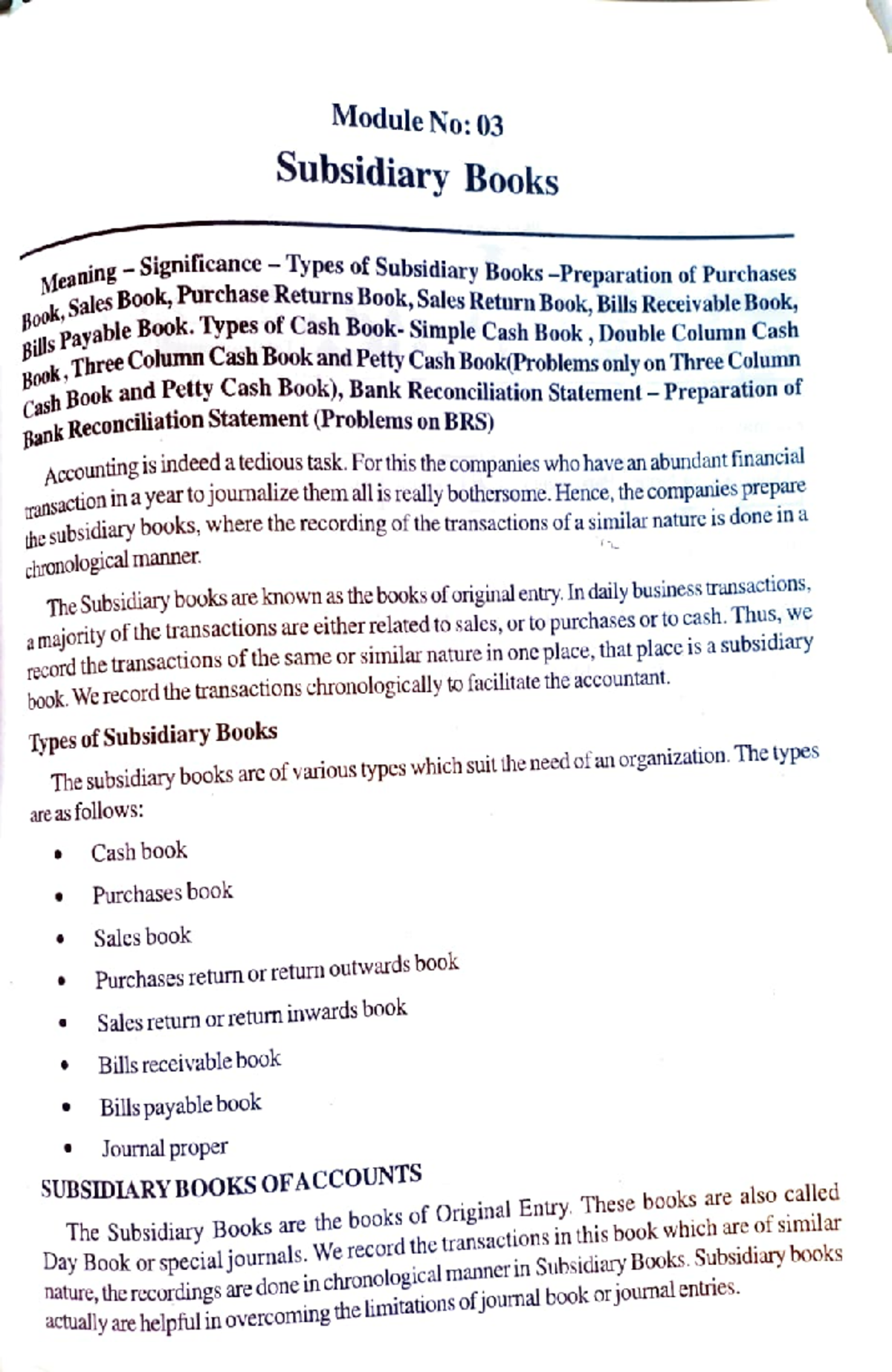 Subsidiary books to BRS Module No 03 Subsidiary Books Mea aning