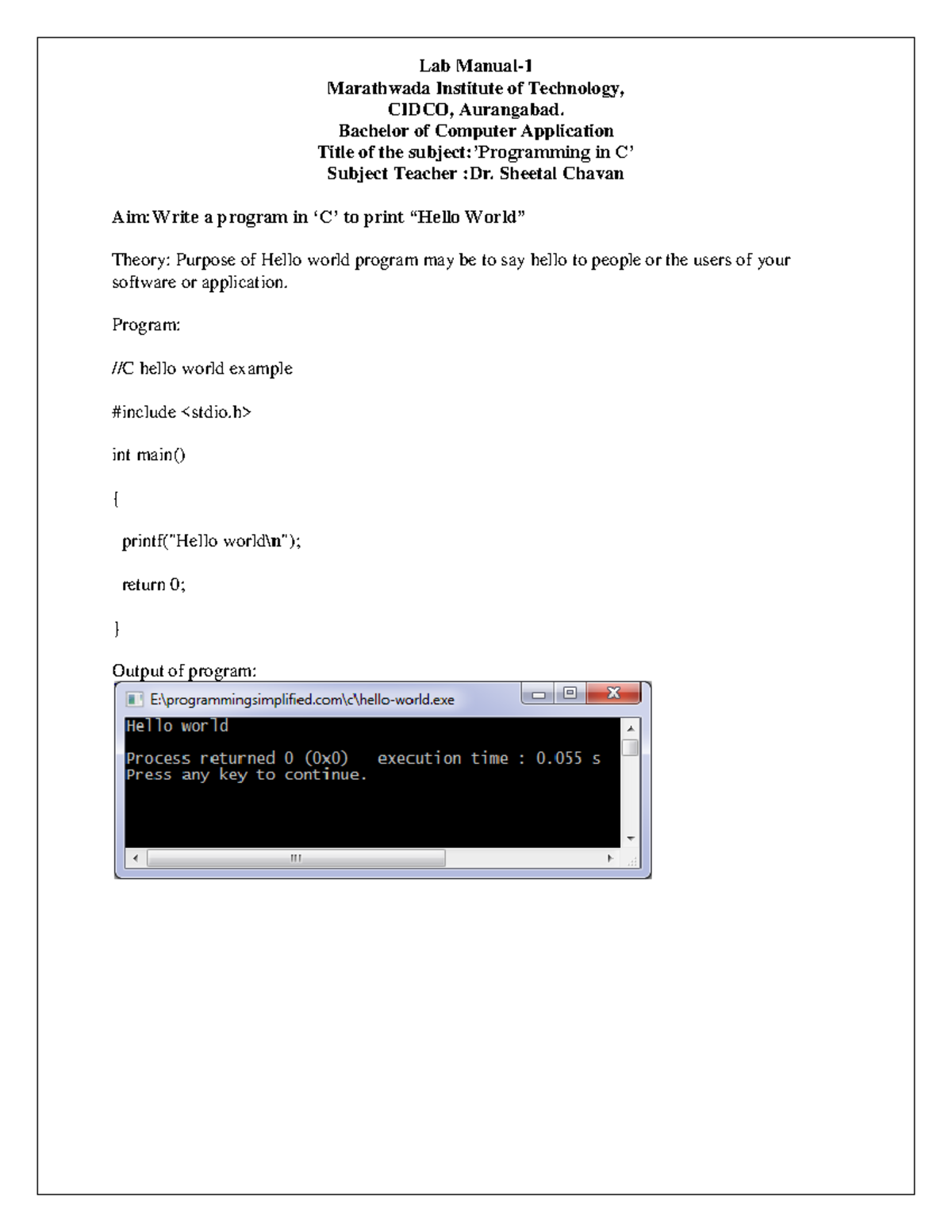Lab manual of C BCA Lab Manual Marathwada Institute of Technology
