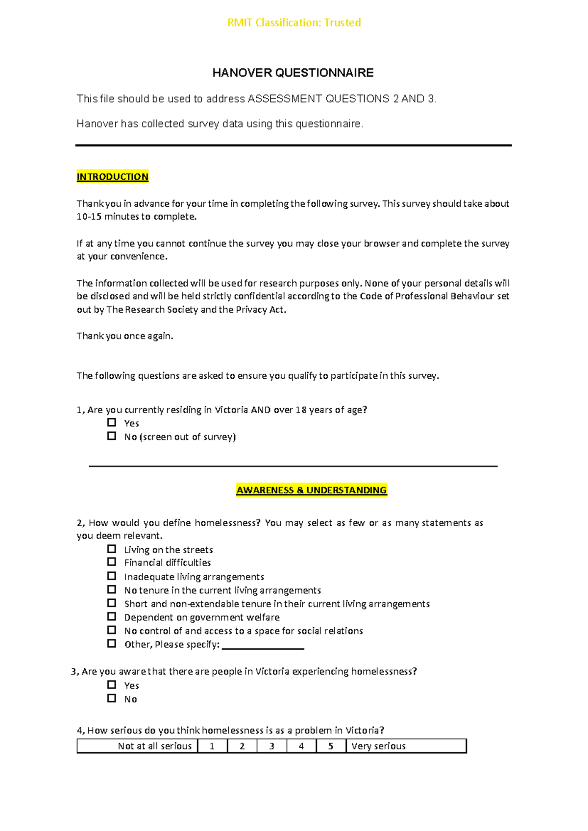 Hanover Questionnaire HANOVER QUESTIONNAIRE This file should be used to address ASSESSMENT