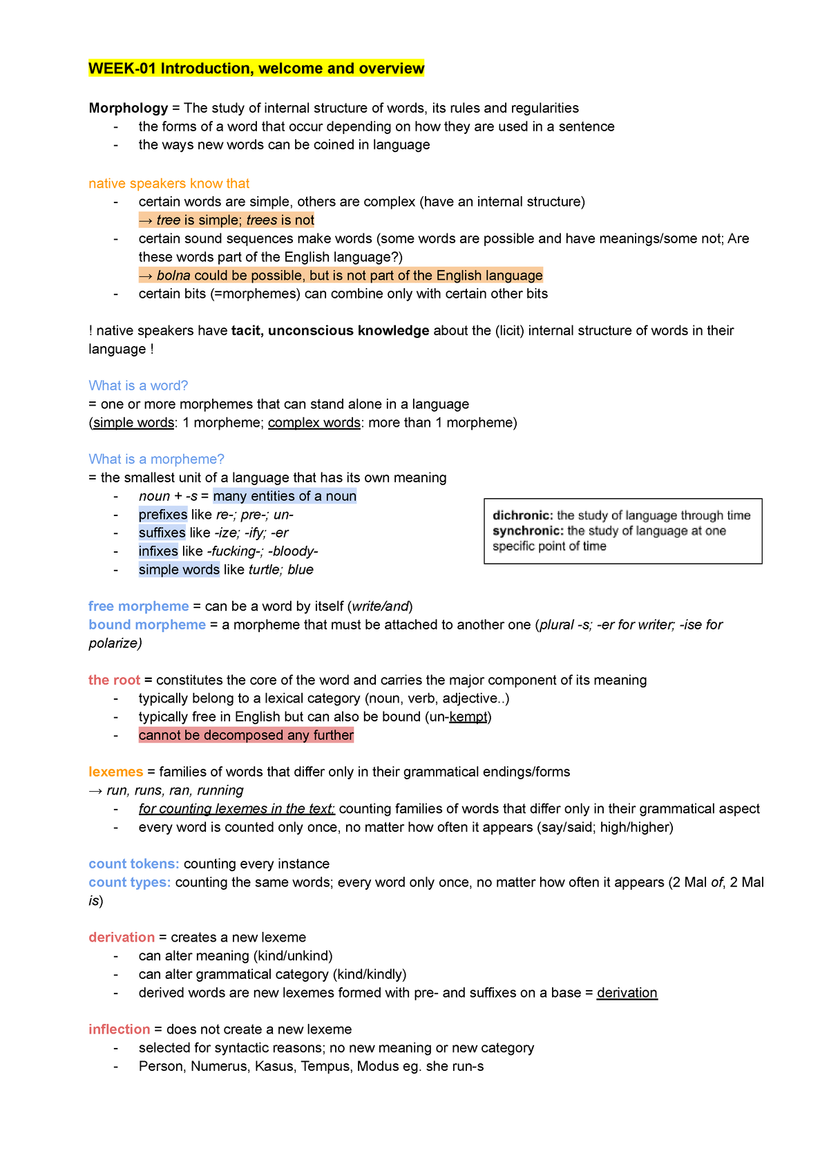 English Morphology I Zusammenfassung - WEEK-01 Introduction, welcome ...