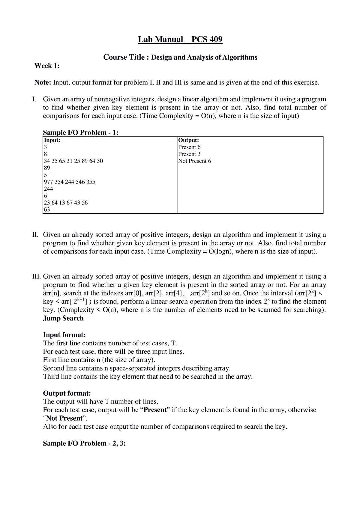 DAA Lab Manual- Week 1-5 - Lab Manual PCS 409 Course Title : Design And ...