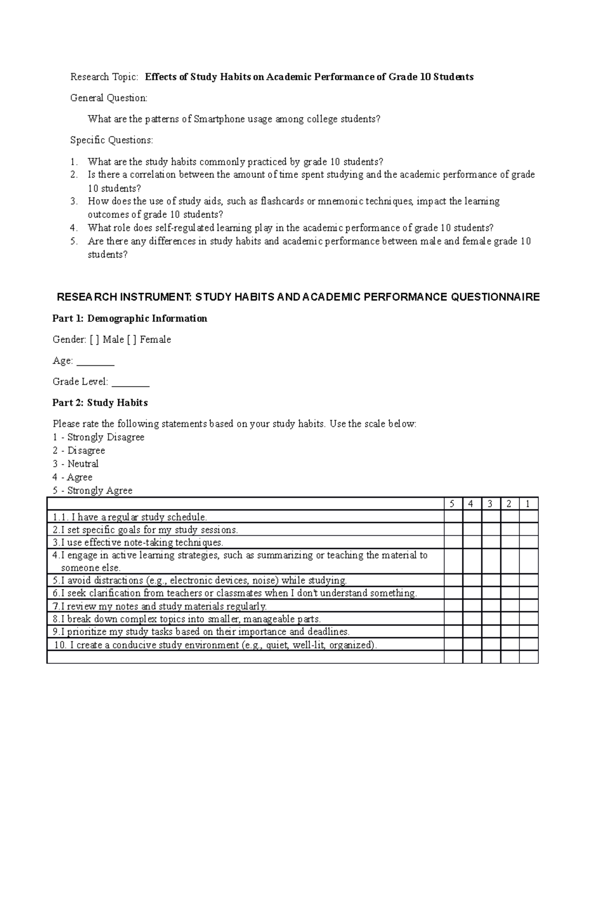 Sample research questionnaire - Research Topic: Effects of Study Habits ...