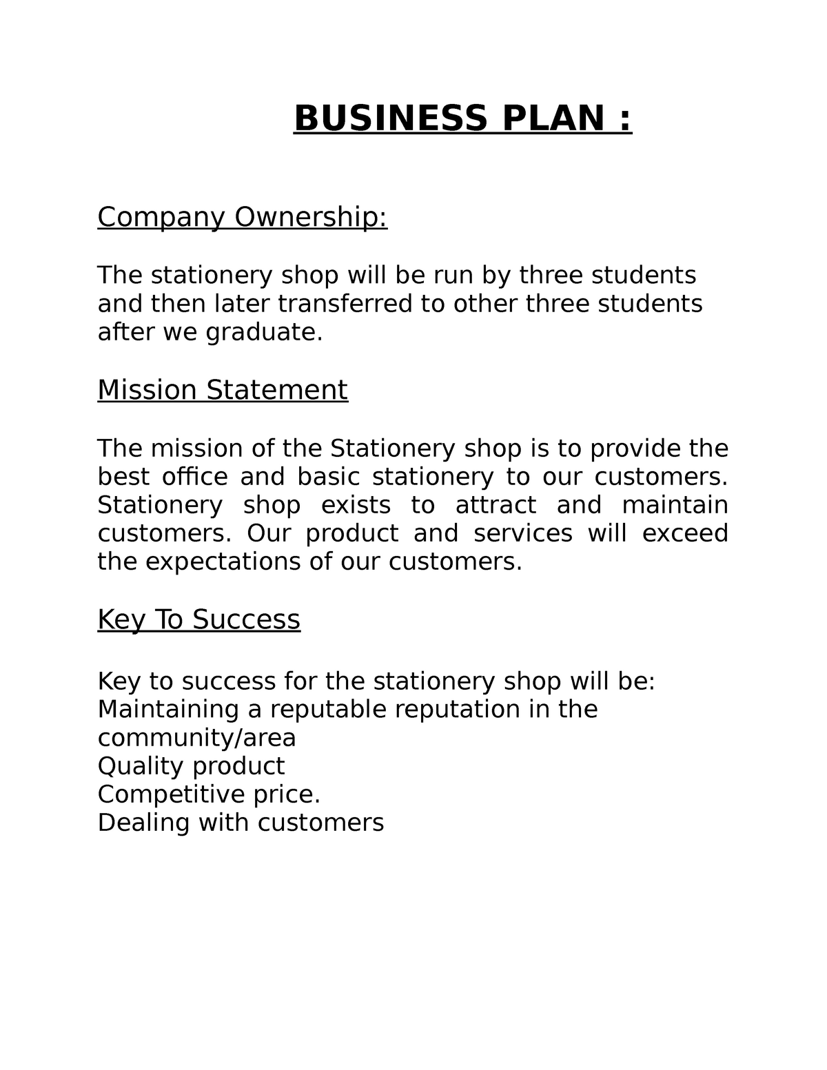 business plan for stationery shop