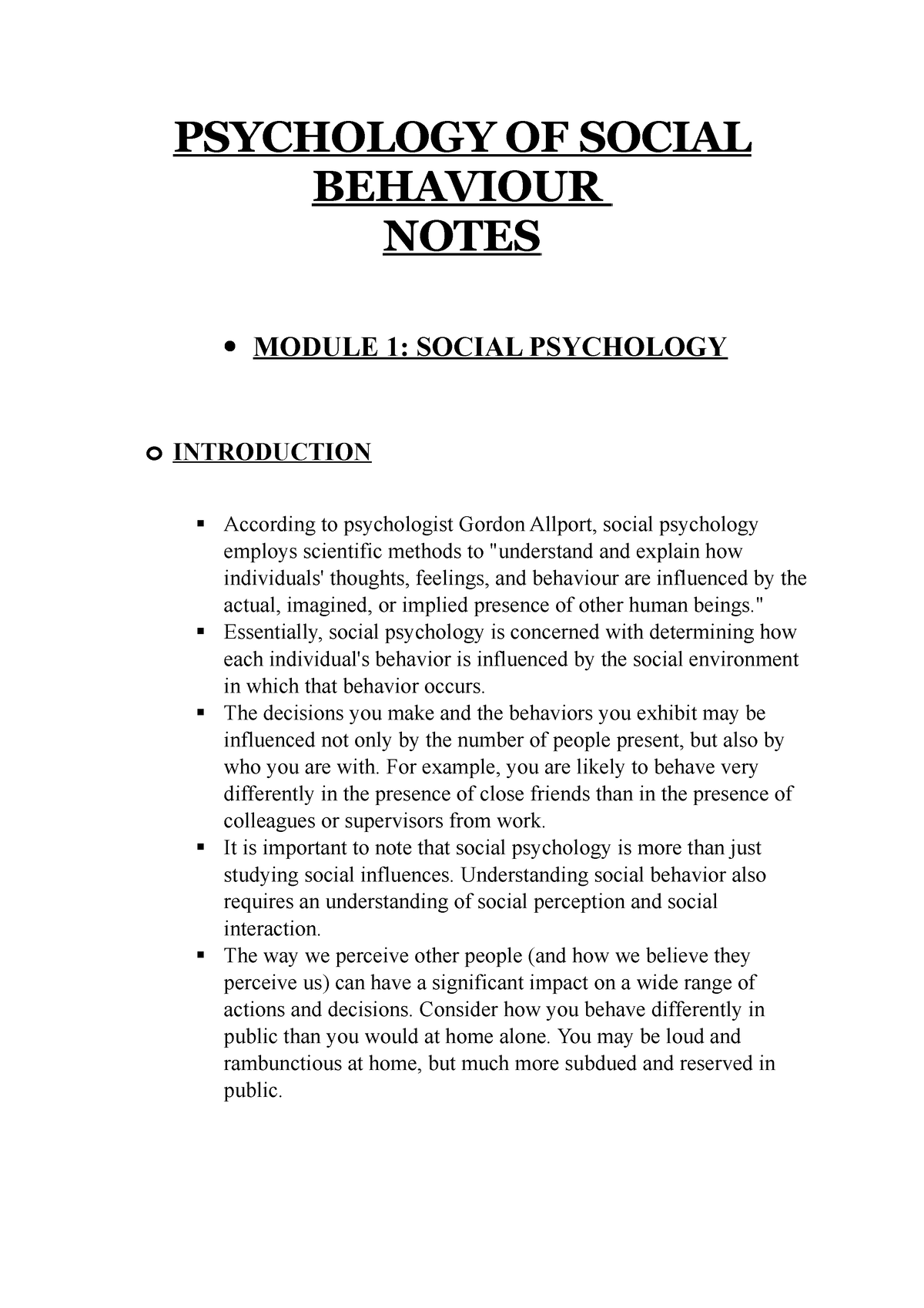 PSB Notes - PSYCHOLOGY OF SOCIAL BEHAVIOUR NOTES MODULE 1: SOCIAL ...