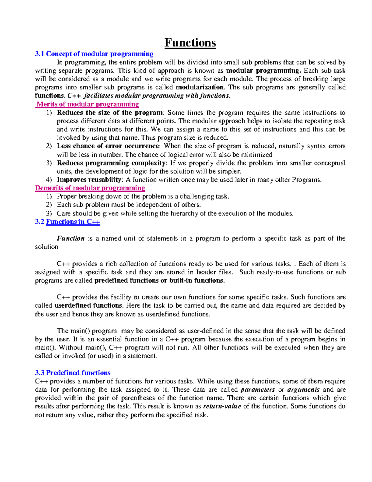 CA Com Chapter 3 Notes 1 - Functions 3 Concept of modular programming ...