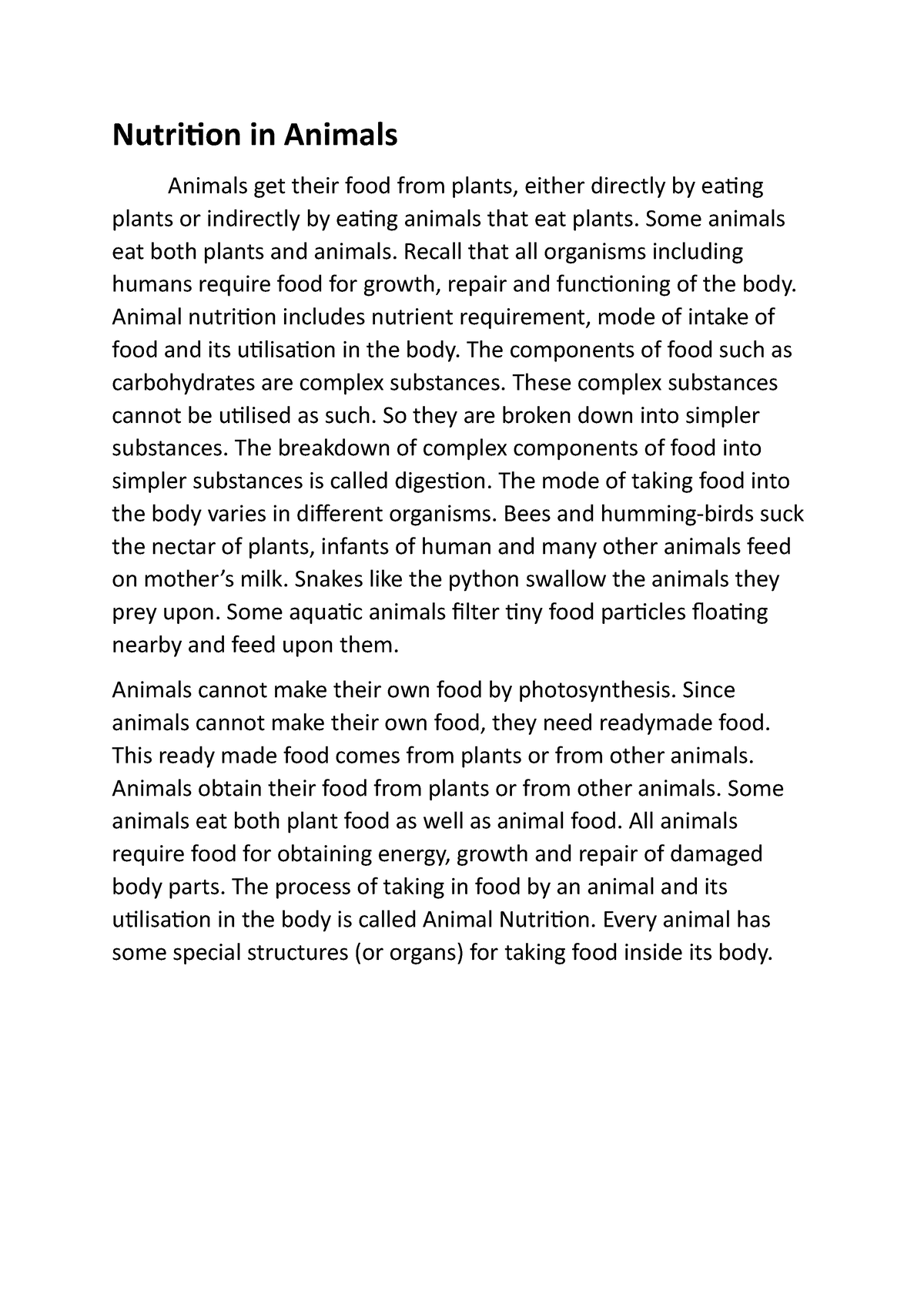 essay on nutrition in animals