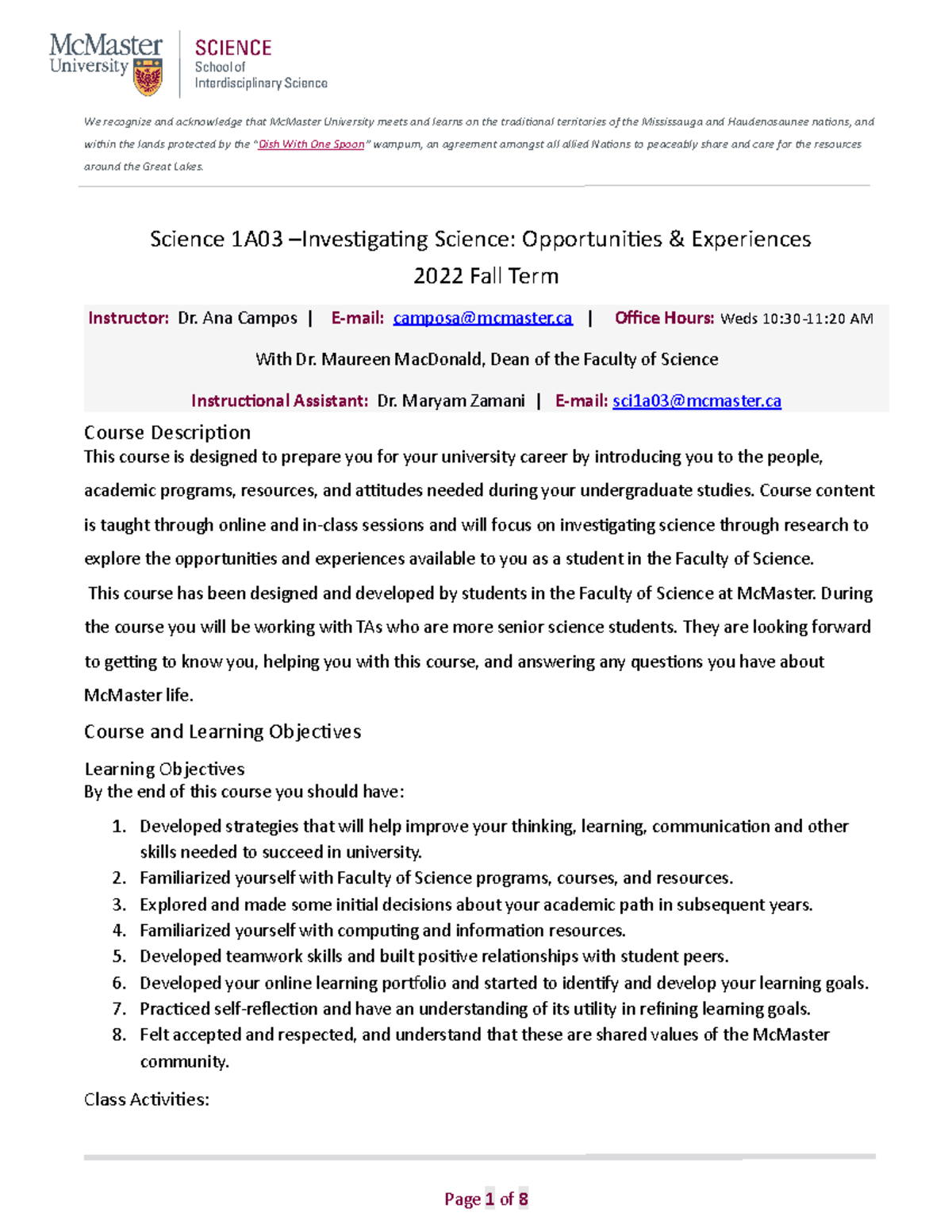 Science1A03 Science 1A03 We recognize and acknowledge that McMaster University meets and