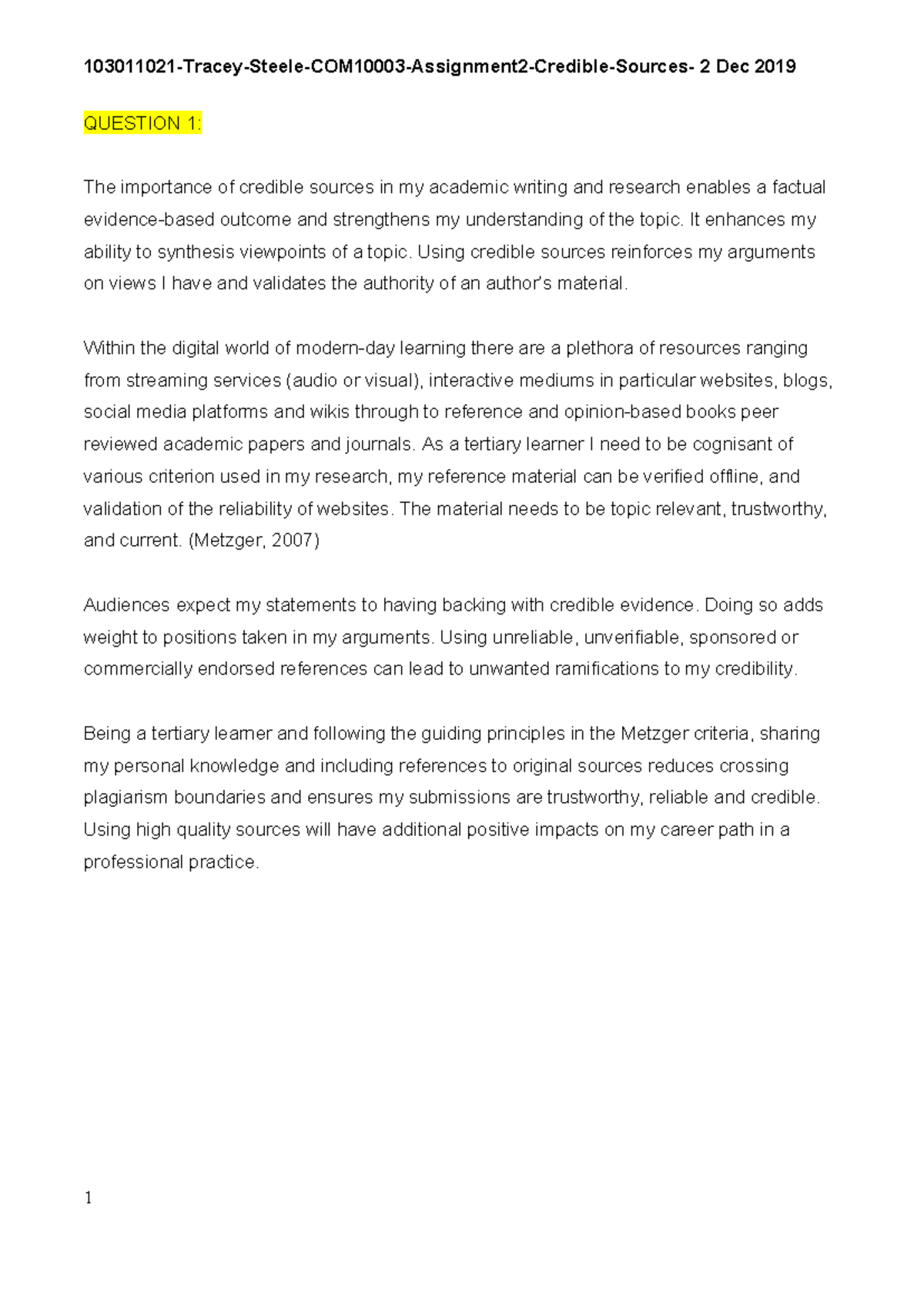 COM10003-A2-Credible-Sources Dec2019 - QUESTION 1: The importance of ...