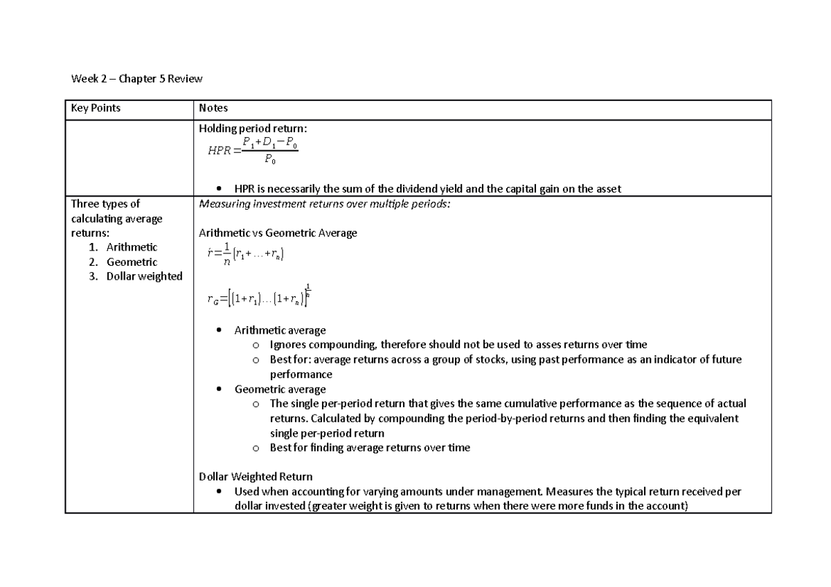 Week 2 Review - Summary of key points from lecture notes on return and ...